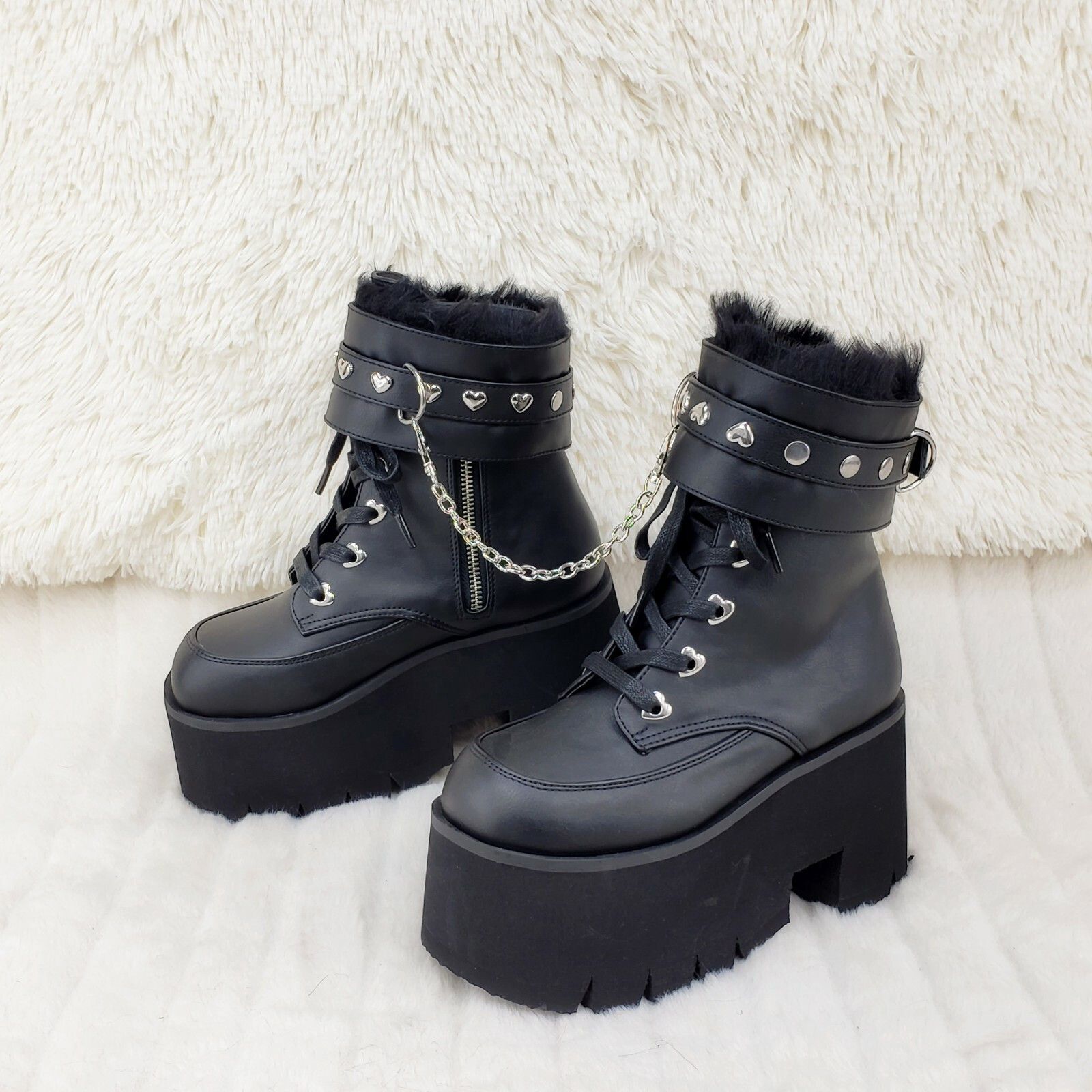 Other Ashes 57 Black Heart Studs 3.5" Platform Goth Boots Fur Line Size US 10 / IT 40 - 2 Thumbnail