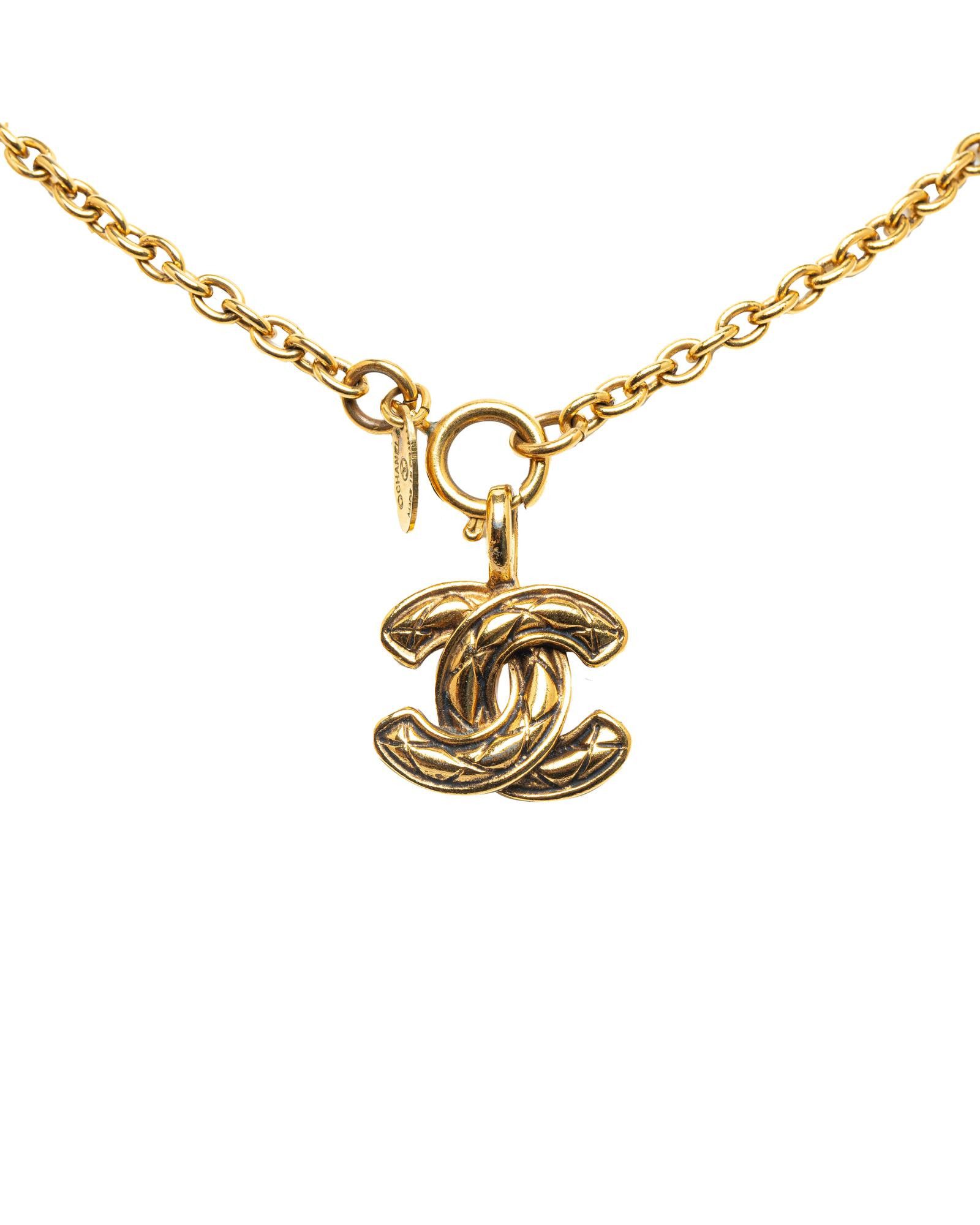 image of Chanel Gold-Tone Quilted Pendant Necklace, Women's