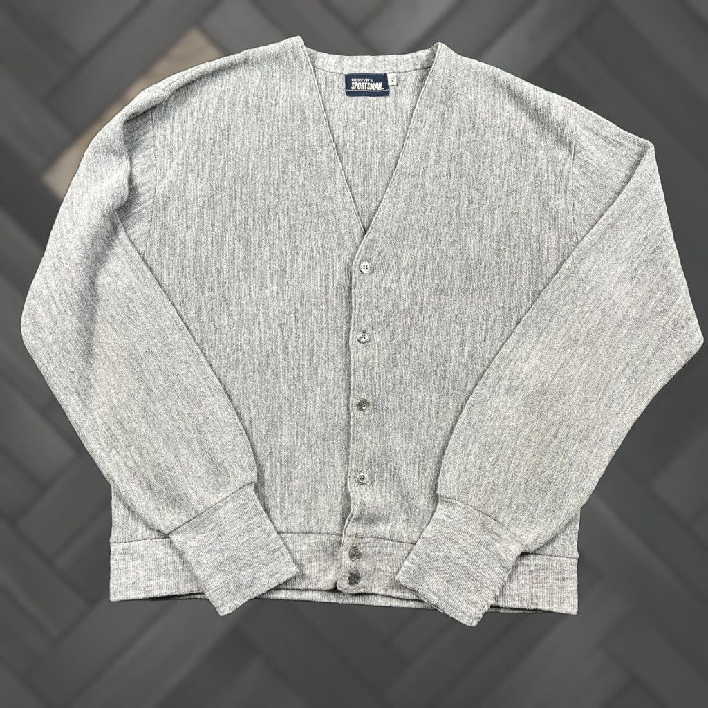 VTG Mervyn's Men's Gray XL V-Neck Cardigan Sweater Button-Front Knit Ribbed Knit Casual Mens Grunge 60s