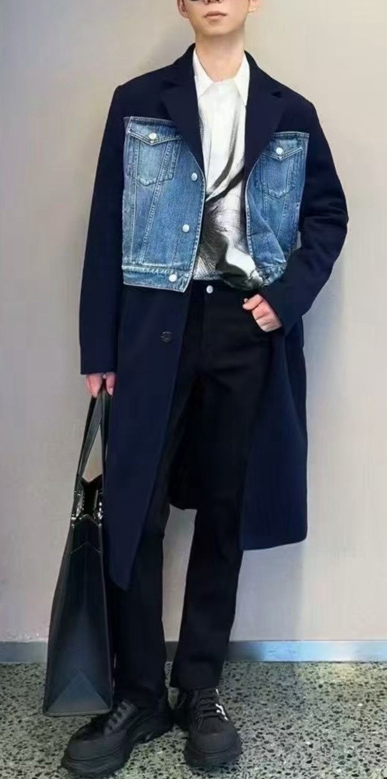 Hybrid Overcoat in Navy/blue Washed denim size48