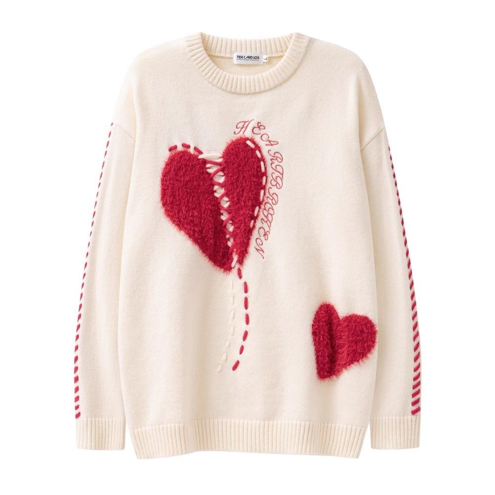 Japanese Brand × Vintage Heart embroidered round neck loose knitted sweater Size US L / EU 52-54 / 3 - 1 Thumbnail