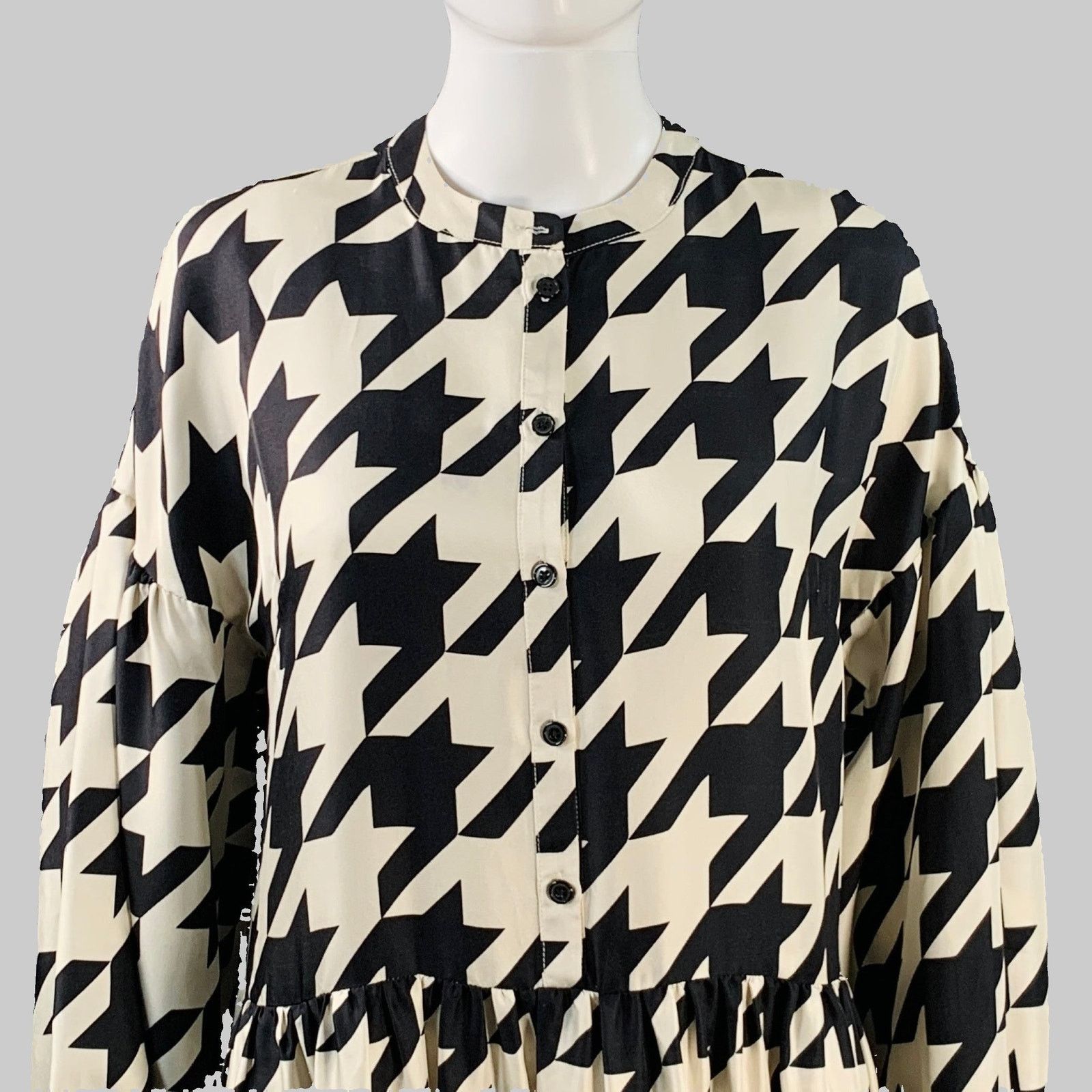 Creatures of Comfort Size 4 Beige Silk Twill Houndstooth Collarless A-Line Dress Size S / US 4 / IT 40 - 2 Thumbnail