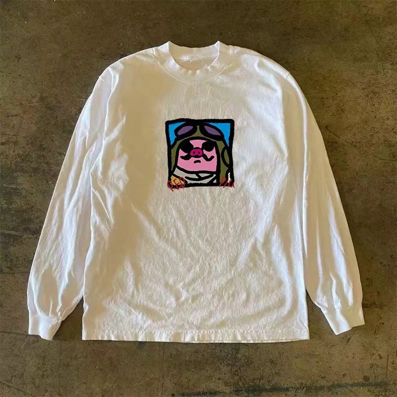 Japanese Brand × Vintage White casual retro cartoon pig print long sleeve t-shirt Size US L / EU 52-54 / 3 - 1 Thumbnail