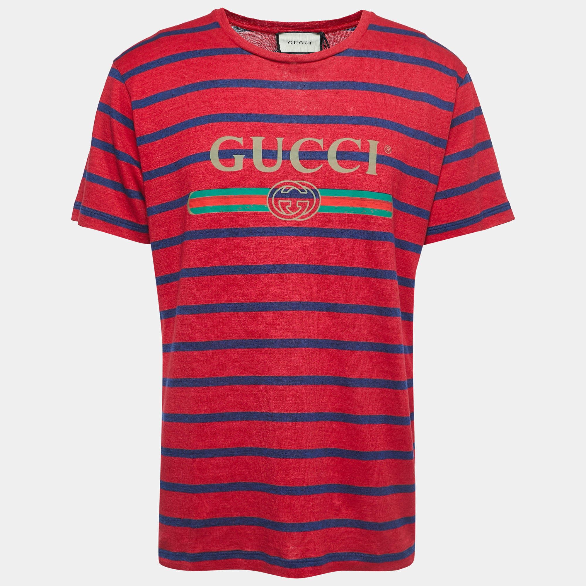 Gucci Gucci Red/Blue Striped Vintage Logo Linen Blend T-Shirt Size US S / EU 44-46 / 1 - 2 Thumbnail