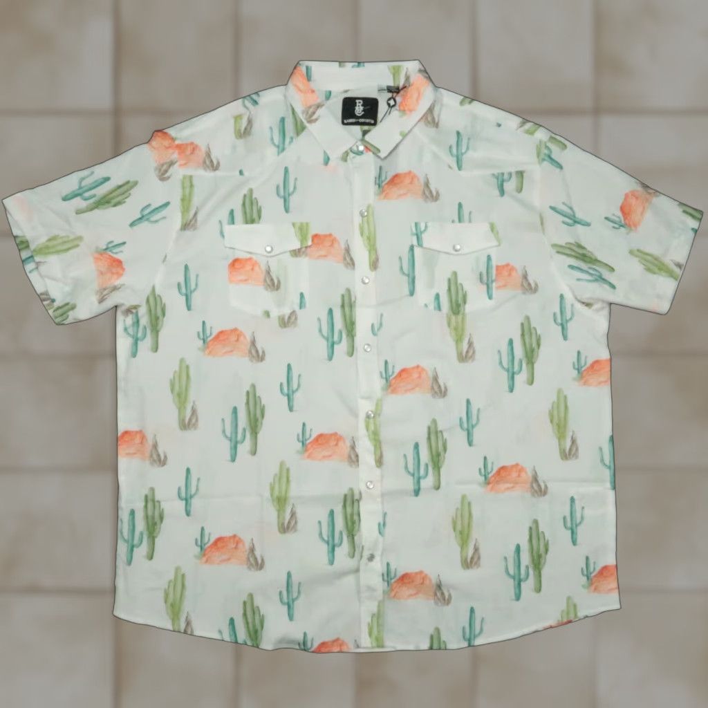 Vintage Raised By Coyotes Shirt Men 3XL White Button-Up Short Sleeve Collared Snap NWT Casual Workwear Geometric Western Saguaros Pearl Snap Size US XXL / EU 58 / 5 - 1 Thumbnail