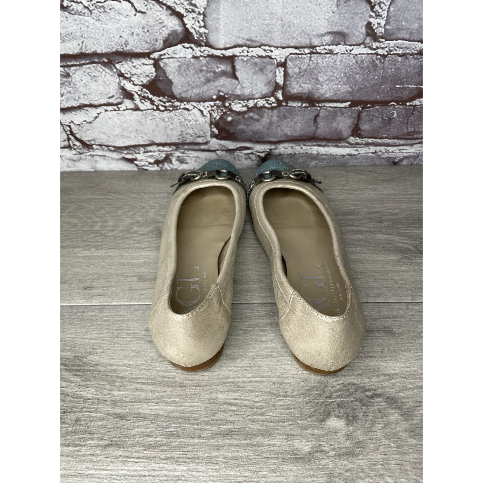 AGLINI AGL Metallic Gold Shimmer Leather Blue Cap Toe Ballet Flats Size US 6 / IT 36 - 12 Thumbnail