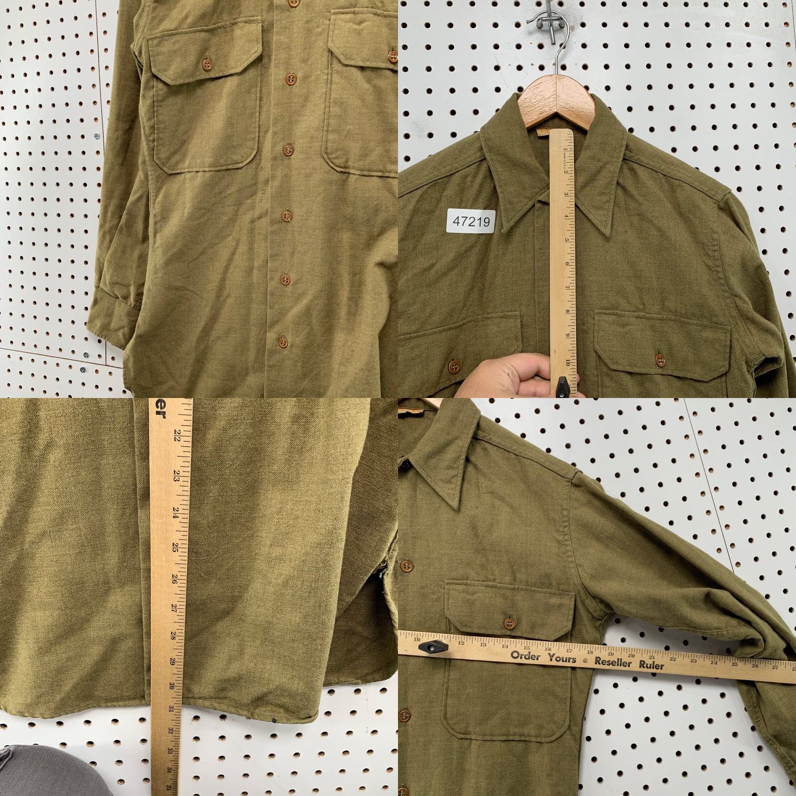 Olive VINTAGE WWII Army Wool Button Shirt Mens 14/32 Fits Mens Small Olive Green Shirt Mens XS Green Army 1940s Size US XS / EU 42 / 0 - 9 Thumbnail