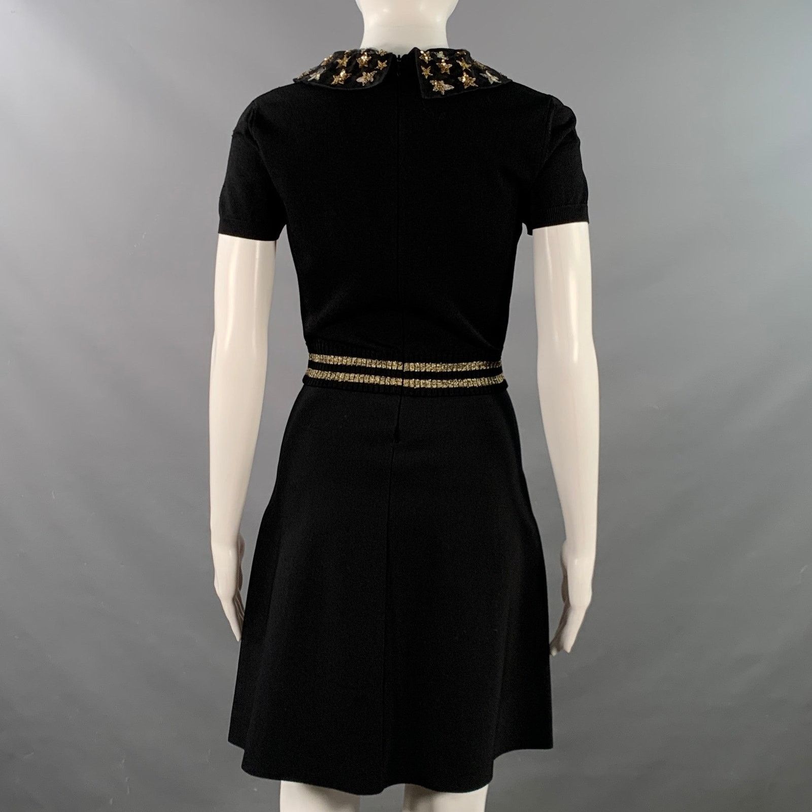 Valentino M Black Gold Viscose Blend Stars Applique Short Sleeve Dress Size M / US 6-8 / IT 42-44 - 4 Thumbnail