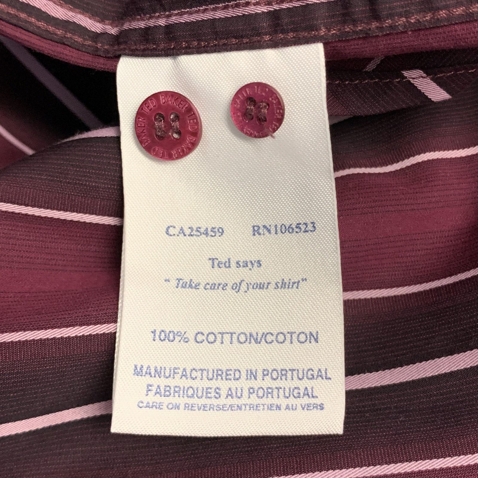 Ted Baker M Burgundy Stripe Cotton Spread Collar Button Up Long Sleeve Size US M / EU 48-50 / 2 - 5 Thumbnail