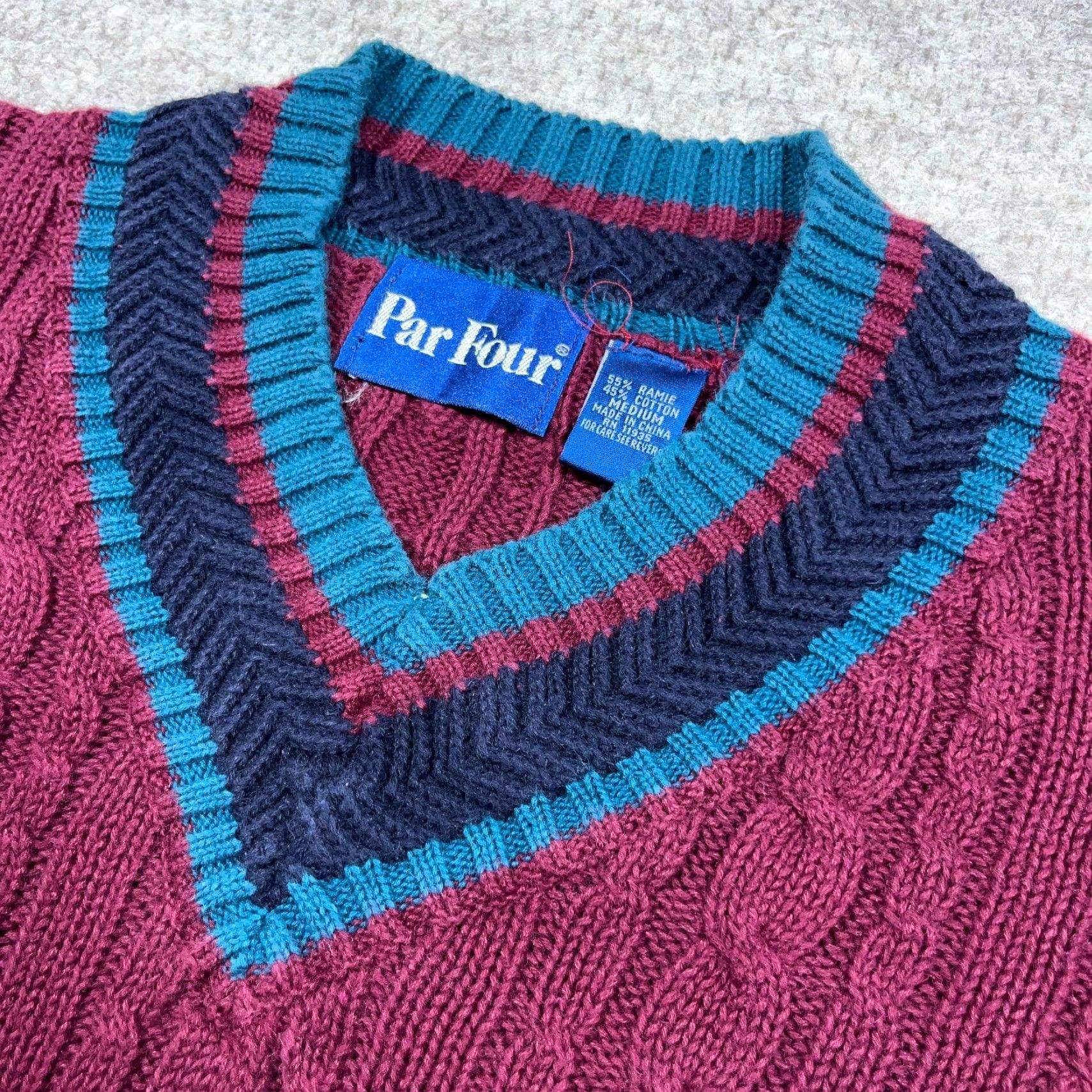 Vintage VINTAGE Grandpa Sweater Men Medium Maroon Cable Knit 90s Deep V Neck Cricket Mens Size US M / EU 48-50 / 2 - 2 Thumbnail