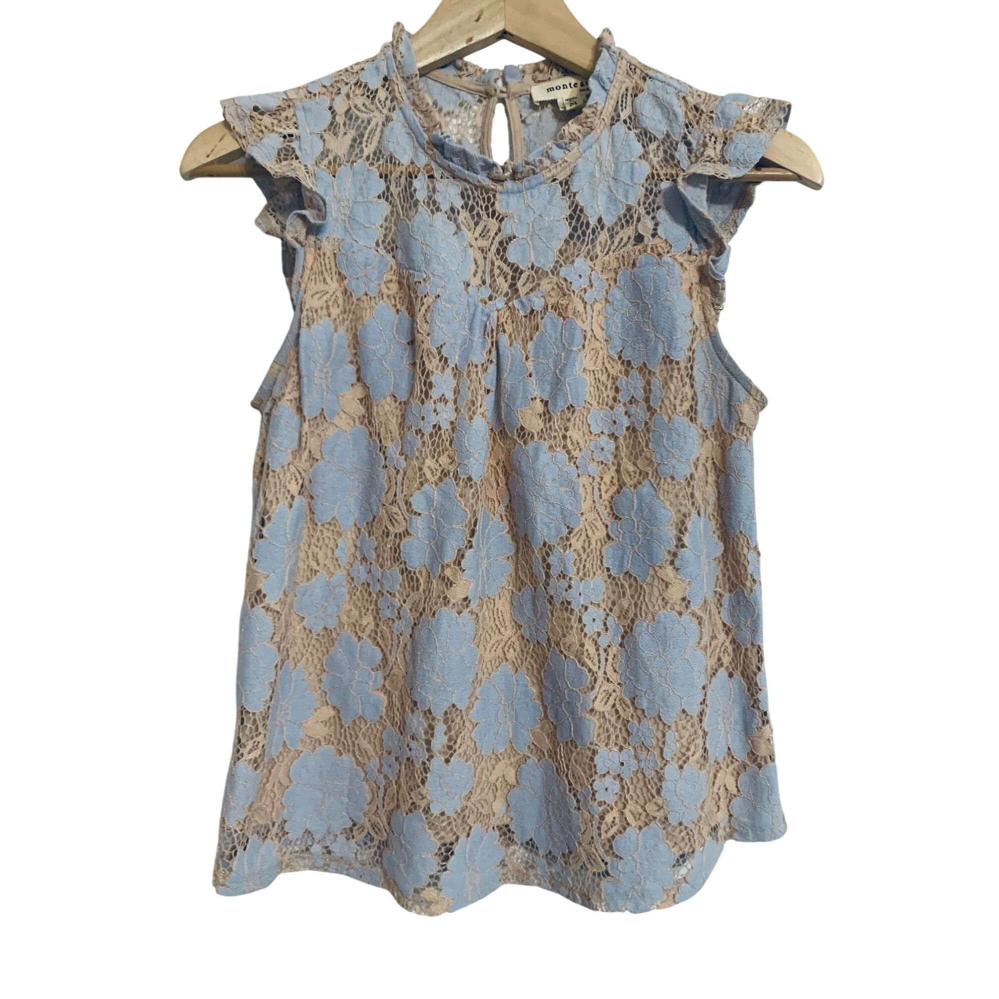 Vintage Monteau Womens Blue Top layered Lace Nude Base Cap Sleeve Ru Size M / US 6-8 / IT 42-44 - 4 Thumbnail