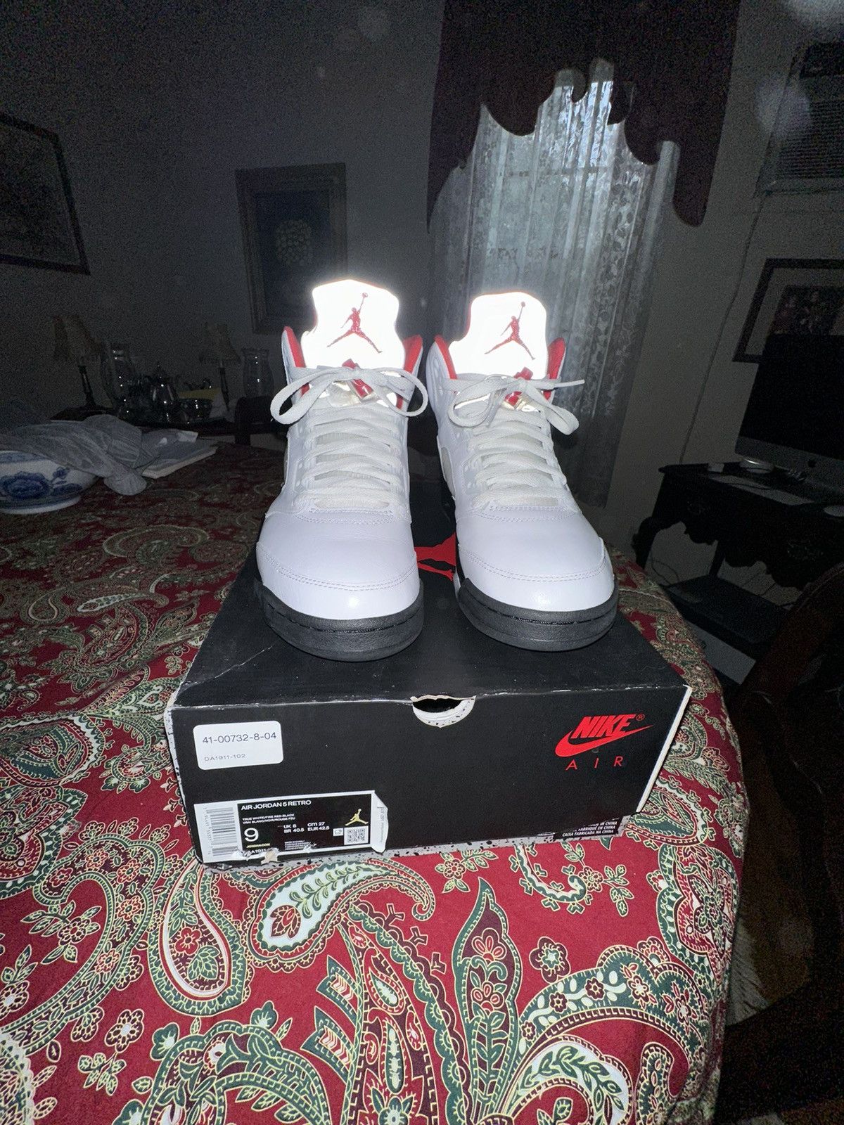 image of Jordan Nike Air Jordan Retro 5 “Fire Red” 2020 Shoes in Black/White/Red, Men's (Size 9)