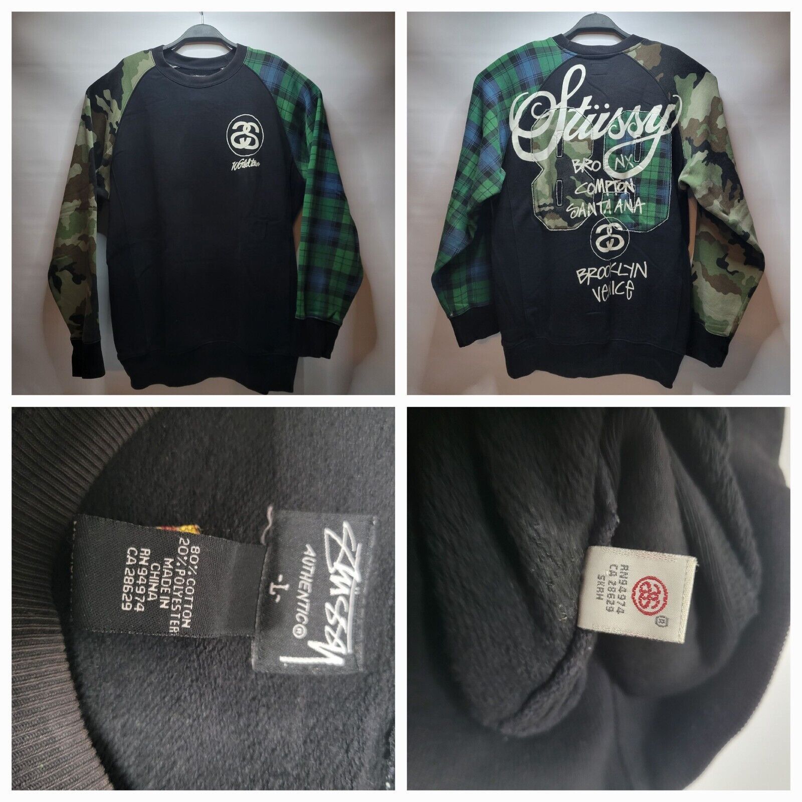 VINTAGE STUSSY WORLD TOUR 89 BLACK CAMO PLAID SWEATSHIRT L