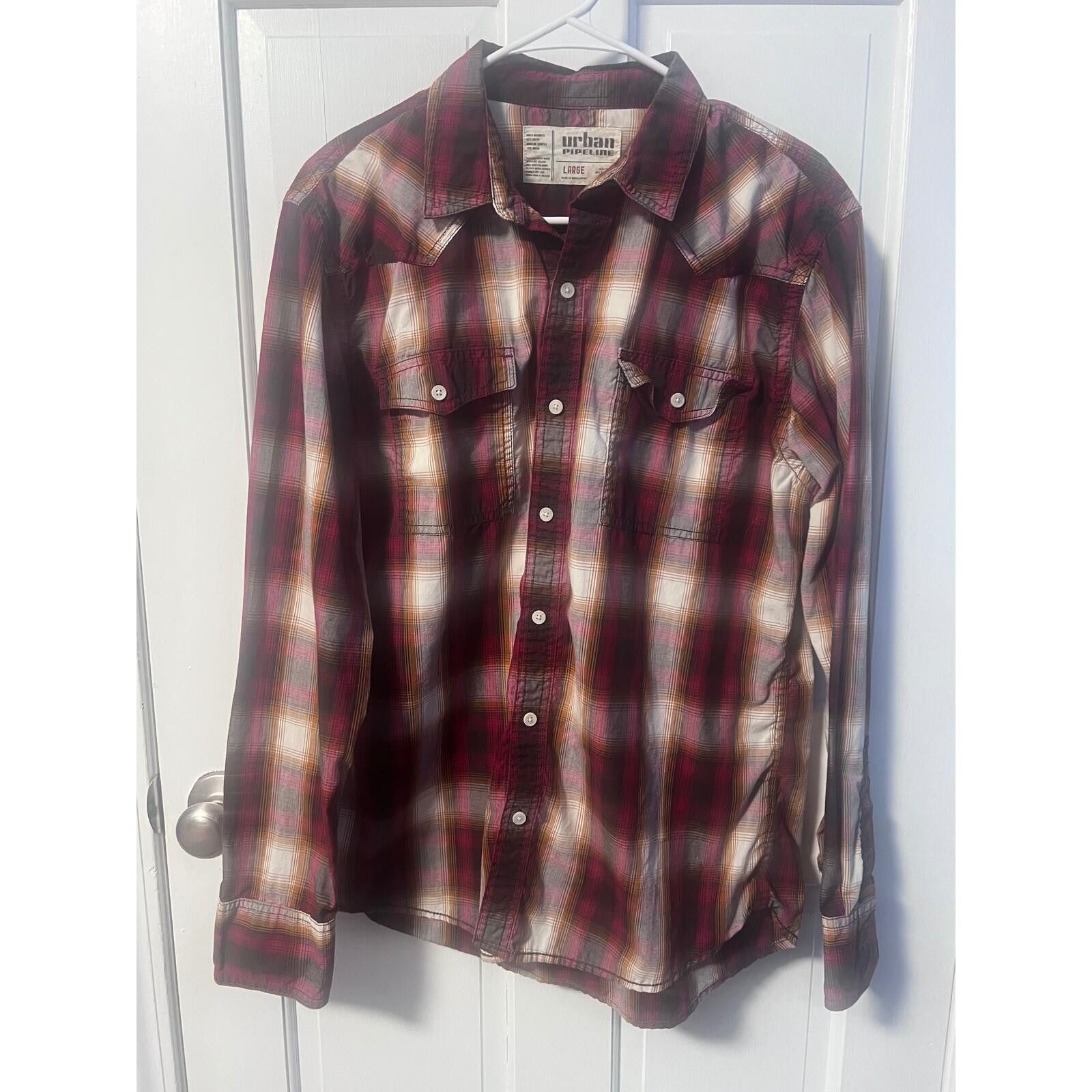 Urban Pipeline Urban Pipeline Plaid Western Shirt Mens Large Burgundy L/S Size US L / EU 52-54 / 3 - 2 Thumbnail