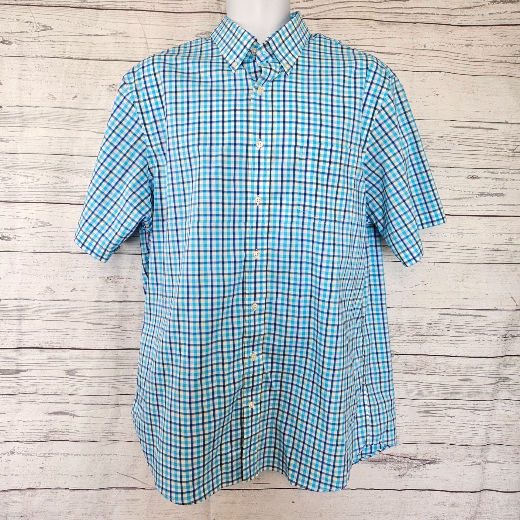 Lands' End Lands' End Mens Button Front Shirt Large Tall Blue White Plaid Short Sleeve Shirt Mens Long Tall? Size US L / EU 52-54 / 3 - 2 Thumbnail