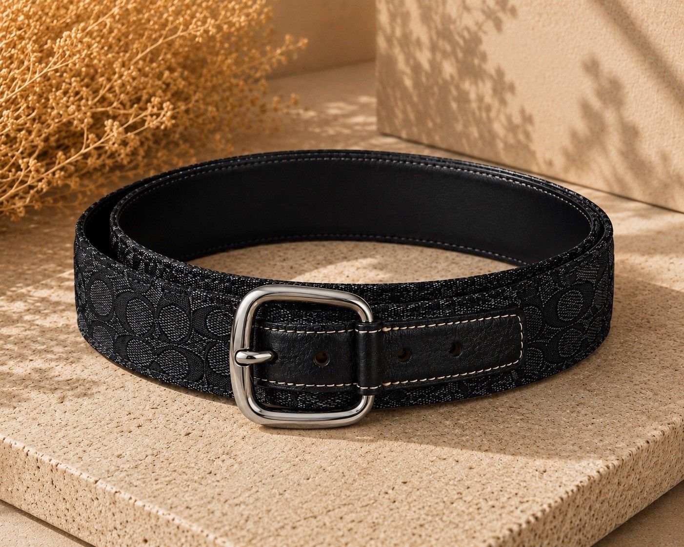 Vtg Coach Signature Jacquard Belt Black Canvas Leather Italy
