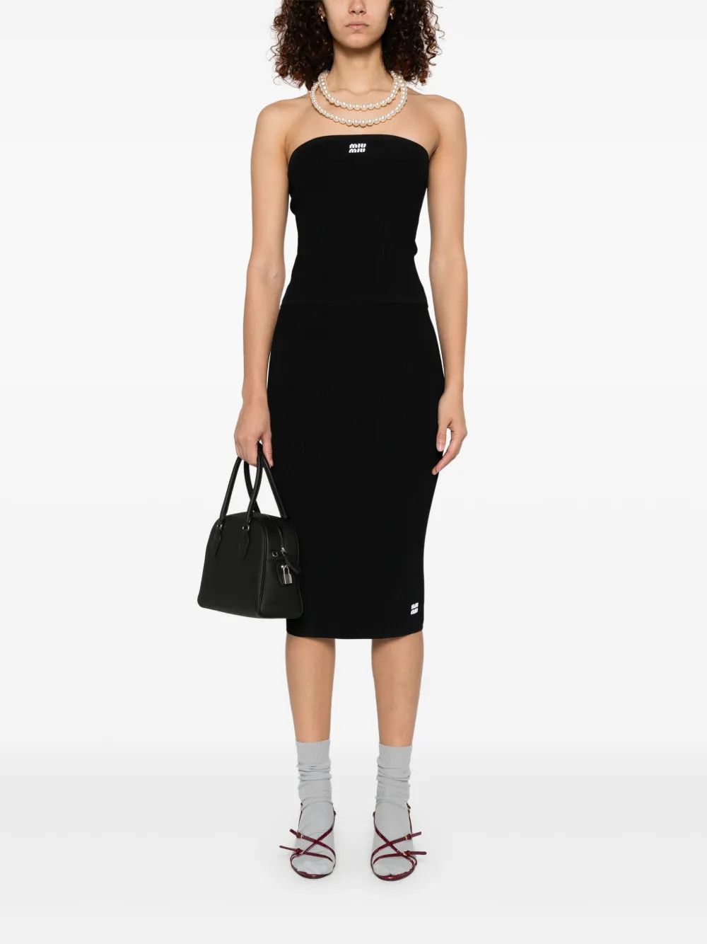 Miu Miu o1B3y1r0426 Intarsia-Logo Midi Skirt in Black Size 26" / US 2 / IT 38 - 2 Thumbnail