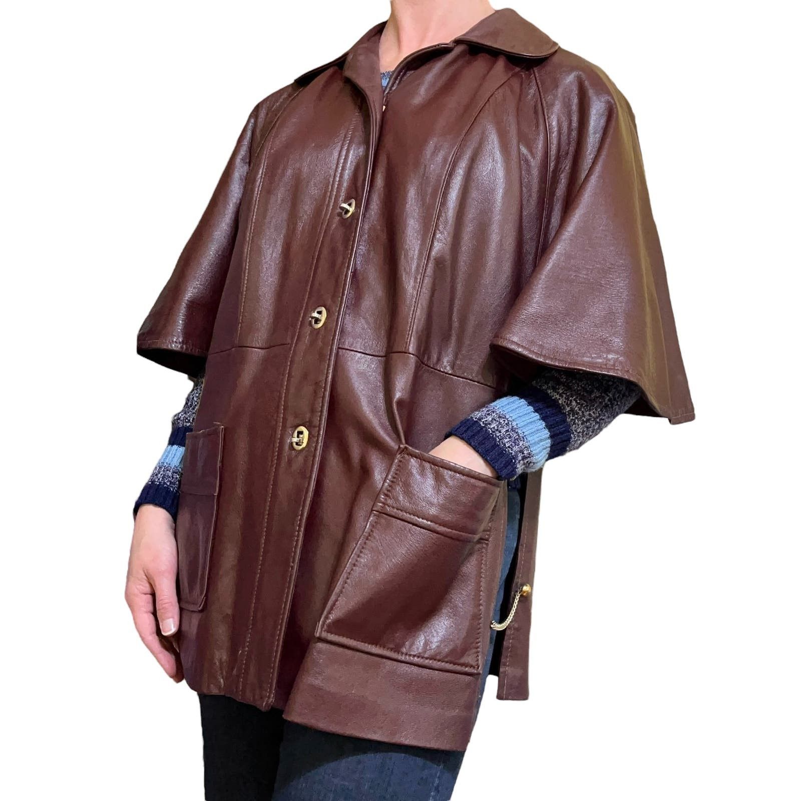 image of Dan Di Modes 24K Leather Cape Sleeve Chainlink Coat in Red, Women's (Size Medium)