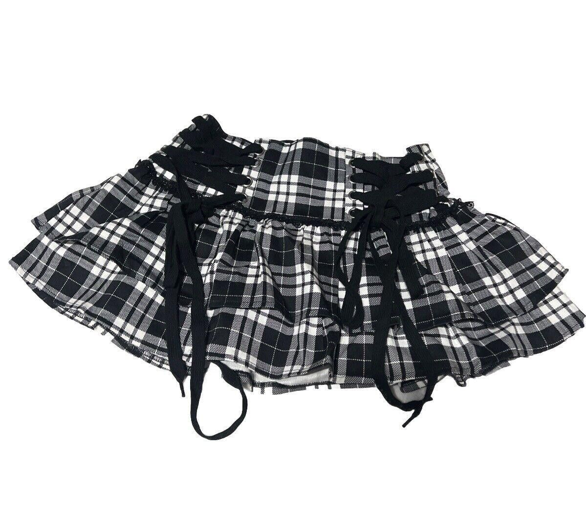 Designer S White & Black Plaid Widow Mini Skirt Lace Pleated Goth Size 28" / US 6 / IT 42 - 1 Thumbnail