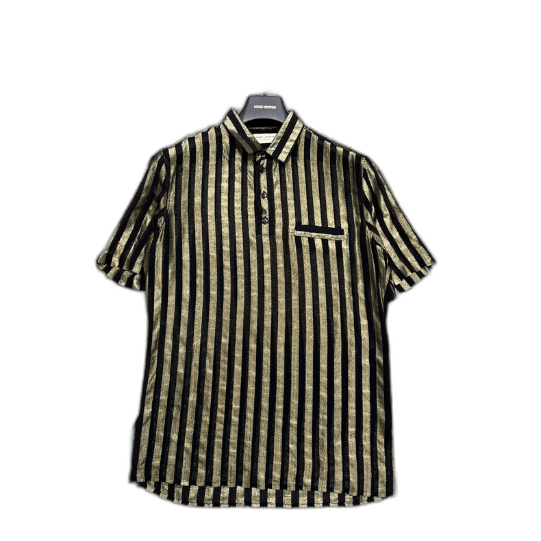 Saint Laurent Paris Black and Gold Striped Silk Short Sleeve Shirt-yf Size US M / EU 48-50 / 2 - 1 Thumbnail
