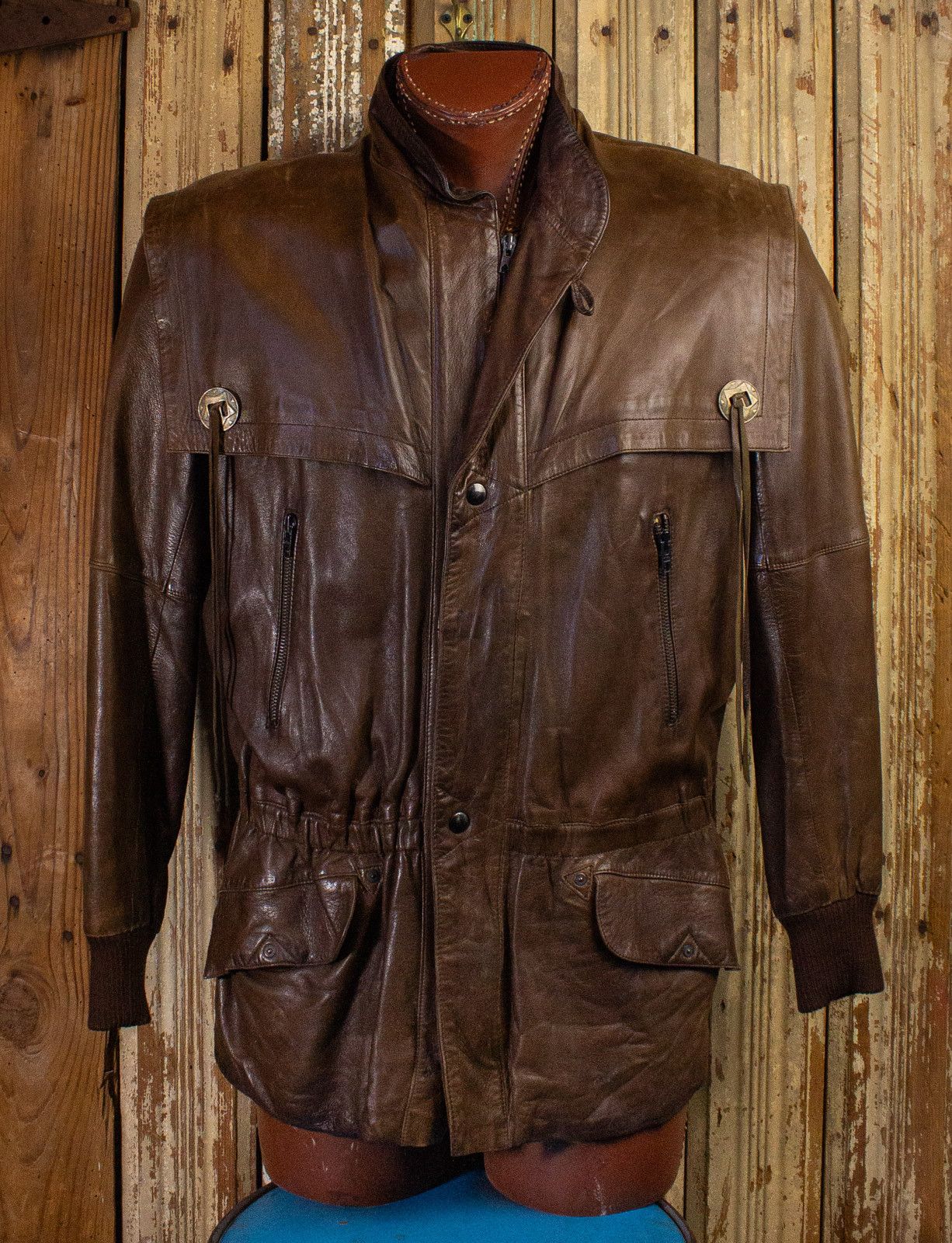 image of Vintage Brown Leather Jacket With Shoulder Flap 80S, Men's (Size XL)