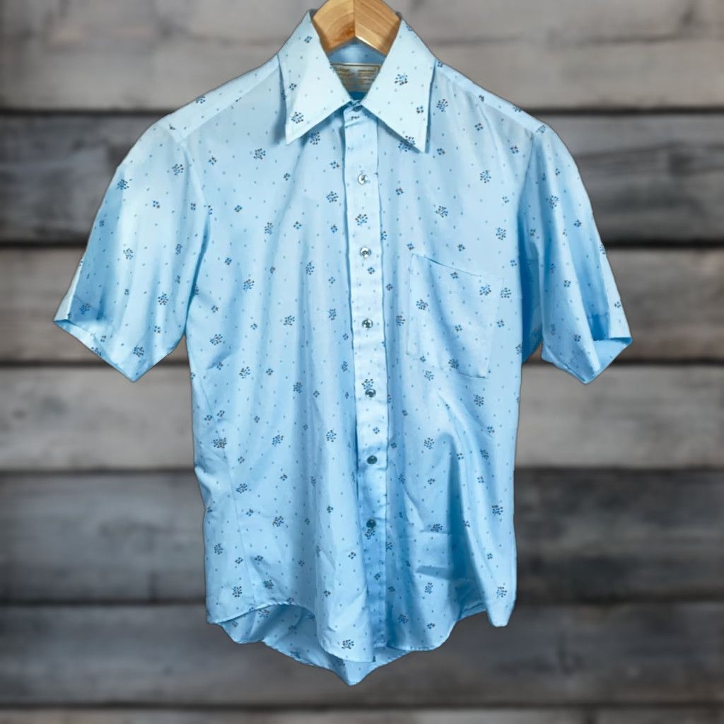 Sears VINTAGE Sears Geometric Pattern Shirt Men 15.5 / Medium Blue Polyester Ultressa 70s 80s Retro Button-Up Short Sleeve Collared Mens Size US M / EU 48-50 / 2 - 1 Thumbnail