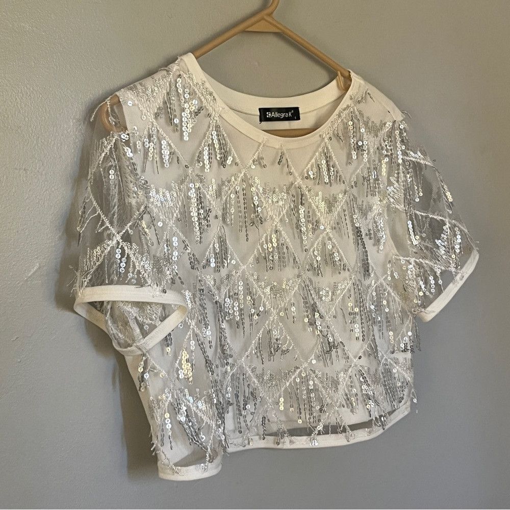 Designer Allegra K Women's Glitter Crop Top Short Sleeves White Large Size XL / US 12-14 / IT 48-50 - 3 Thumbnail