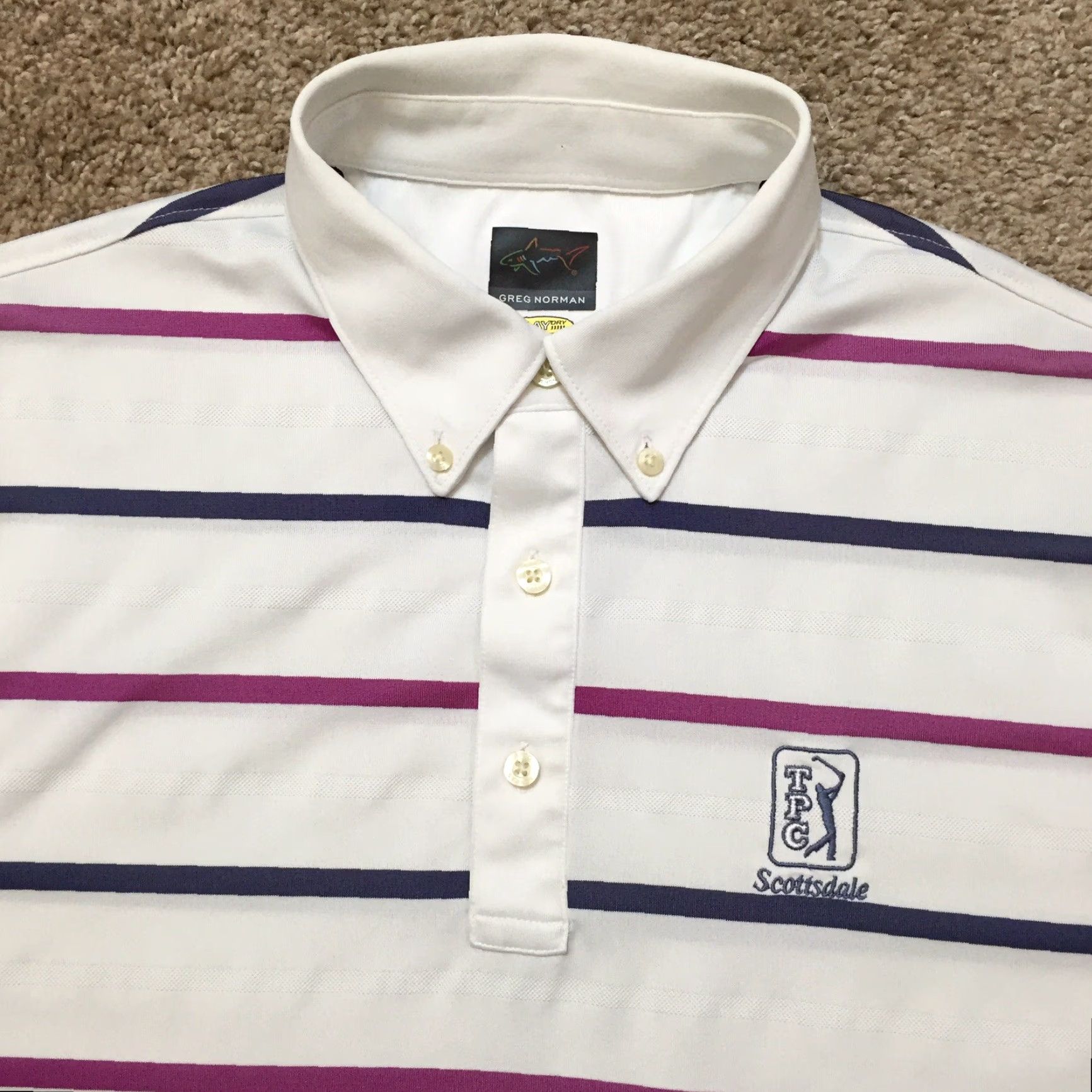 Vintage Greg Norman Polo Shirt Mens L Pink Blue Striped Short Sleeve Play Dry Polo Shirt Size US L / EU 52-54 / 3 - 2 Thumbnail