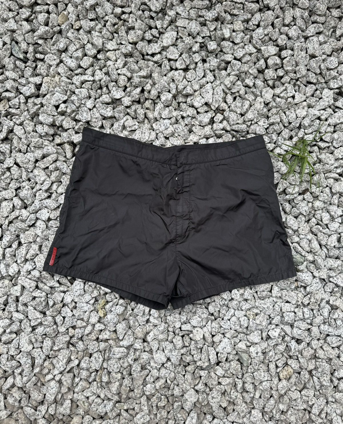 Image of Italian Designers x Prada Nylon Black Shorts Red Linen Tab Size It 46, Men's