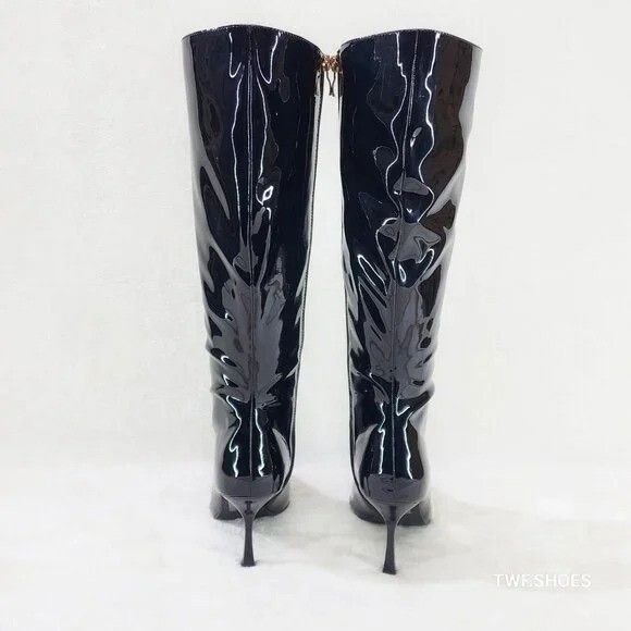 Other Static Shiny Black Patent Knee Boots 3" Kitten Heels (US Sho Size US 10 / IT 40 - 5 Thumbnail