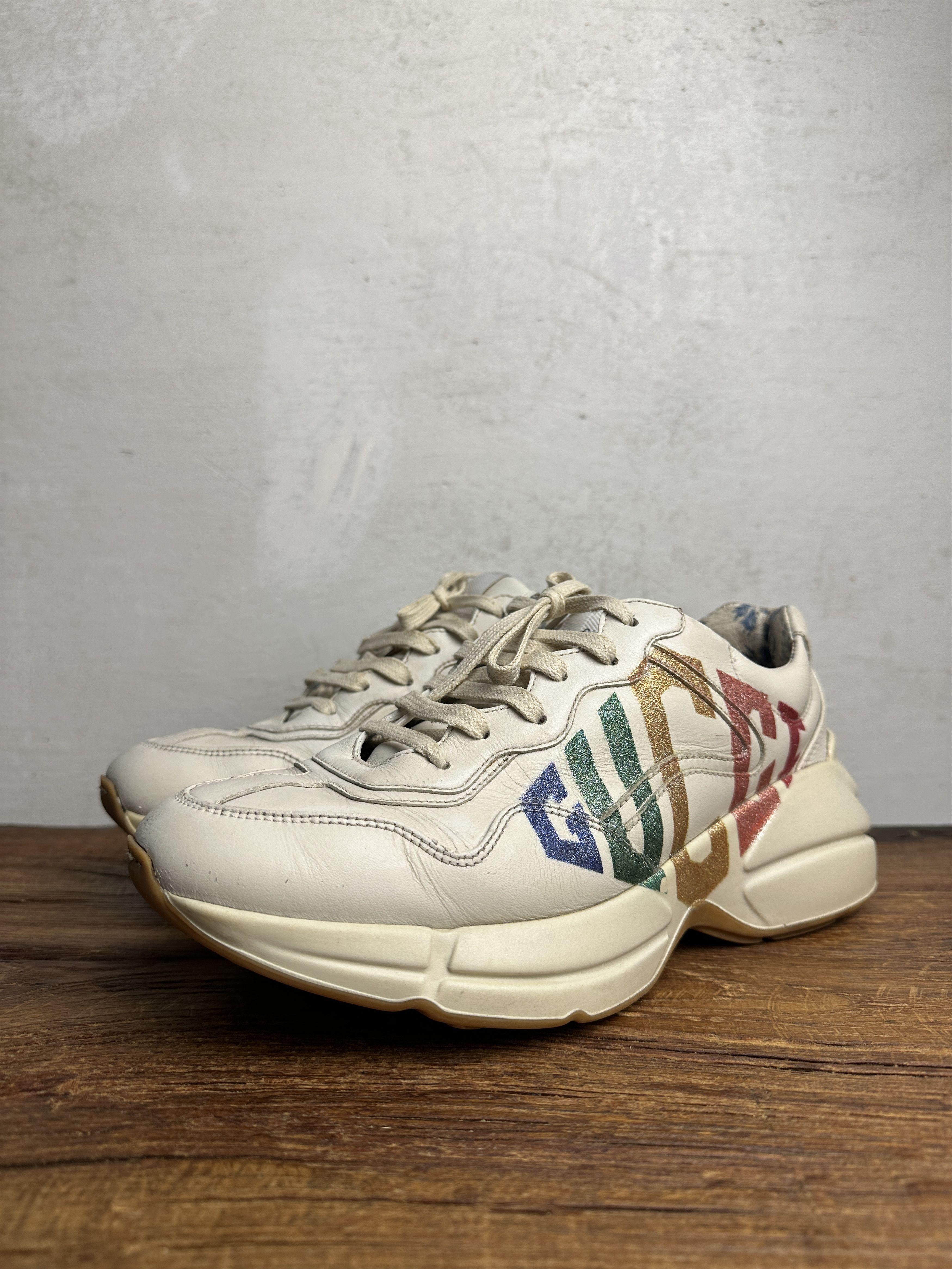 Gucci Gucci Beige Leather Glitter Rhyton Lace Up Sneakers Size US 8 / IT 38 - 3 Thumbnail