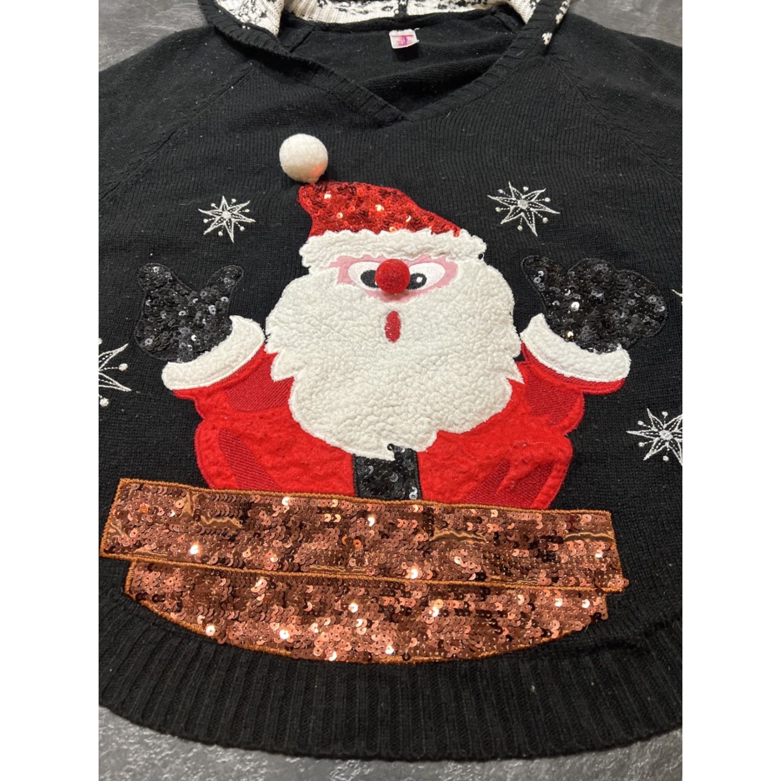 Vintage Holiday Time Women's Ugly Santa Christmas Sequin Cape Hoodie Sweater Black S Size S / US 4 / IT 40 - 3 Thumbnail
