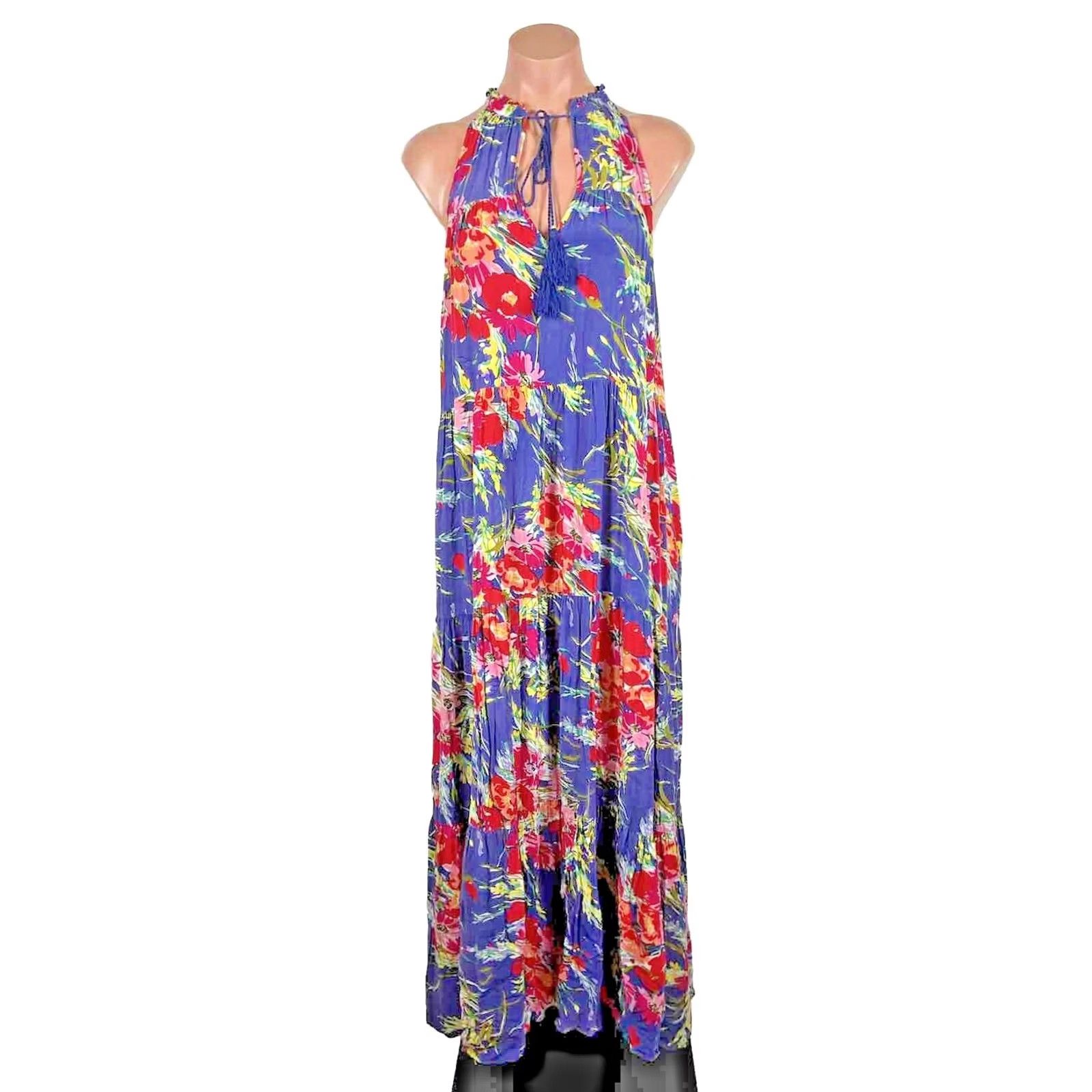 Vintage UMGEE Floral Sleeveless Maxi Dress L Boho High Neck Tie Pockets Lined Summer Spring Women’s Size L / US 10 / IT 46 - 2 Thumbnail