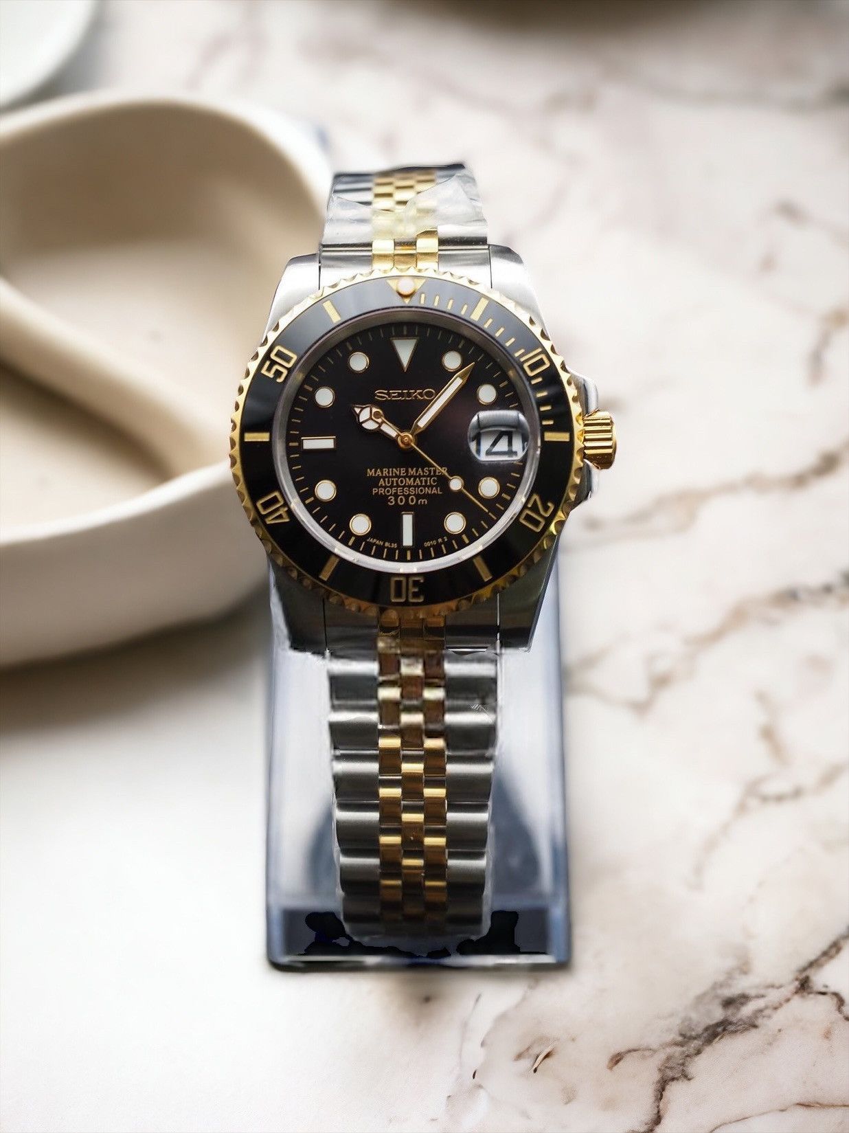 Japanese Brand Seiko Mod Submariner Date Black Steel Gold Jubilee Watch Size ONE SIZE - 1 Thumbnail