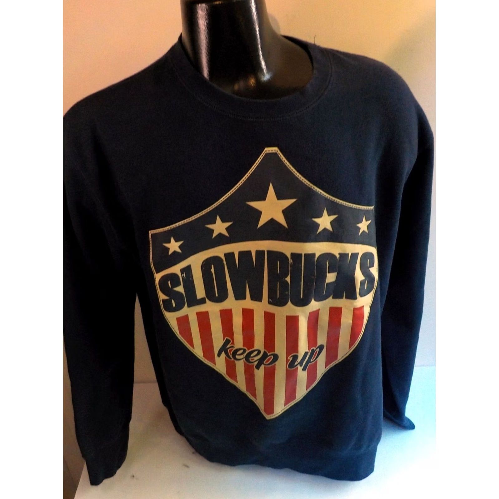 Vintage SLOWBUCKS Crewneck Sweatshirt "Keep Up" and Antique Flag Patterned Front Blue XL Mens Sweatshirt Size US XL / EU 56 / 4 - 2 Thumbnail