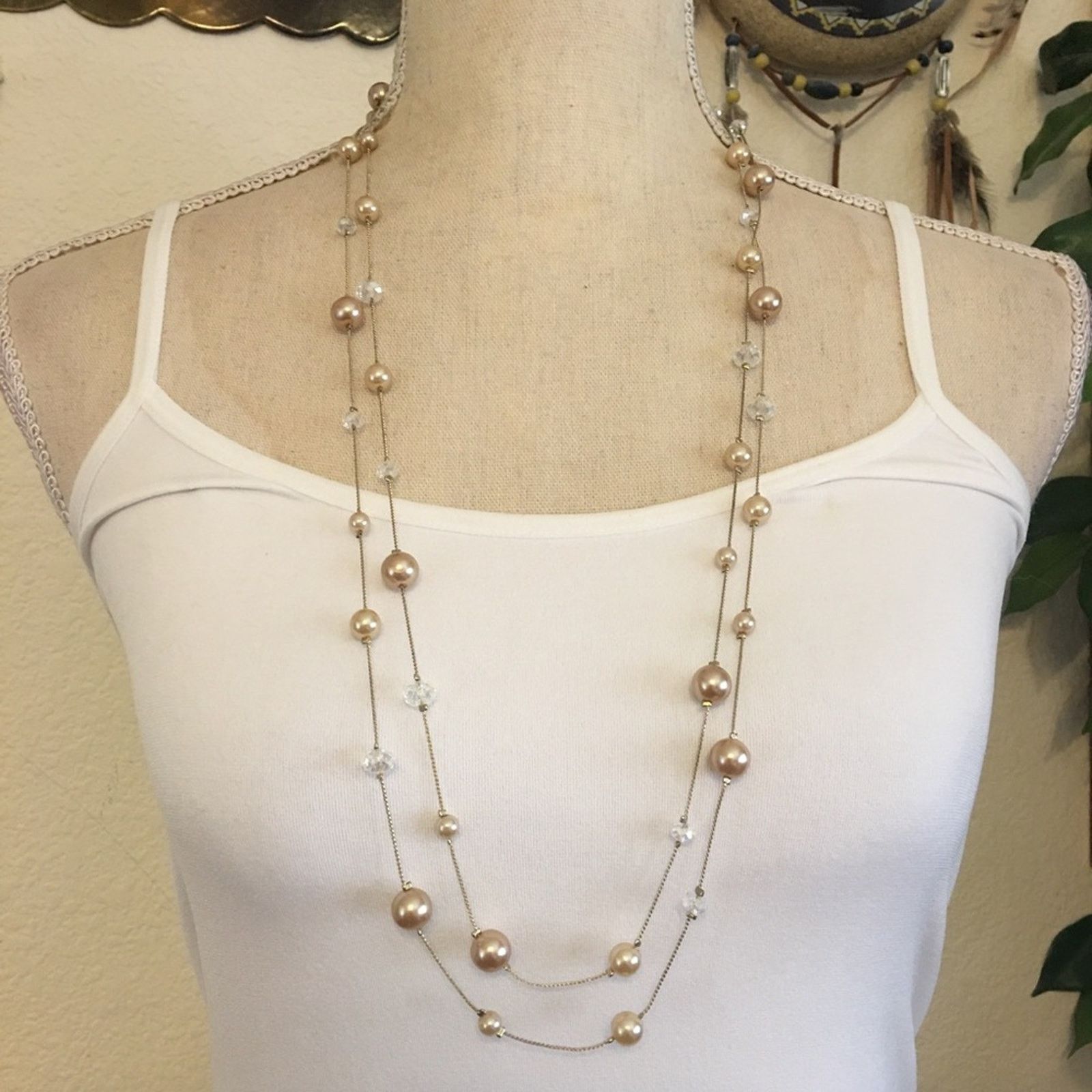 Jewelry Faceted Glass Faux Pearl Accented Chain Necklace in Gold, Women's