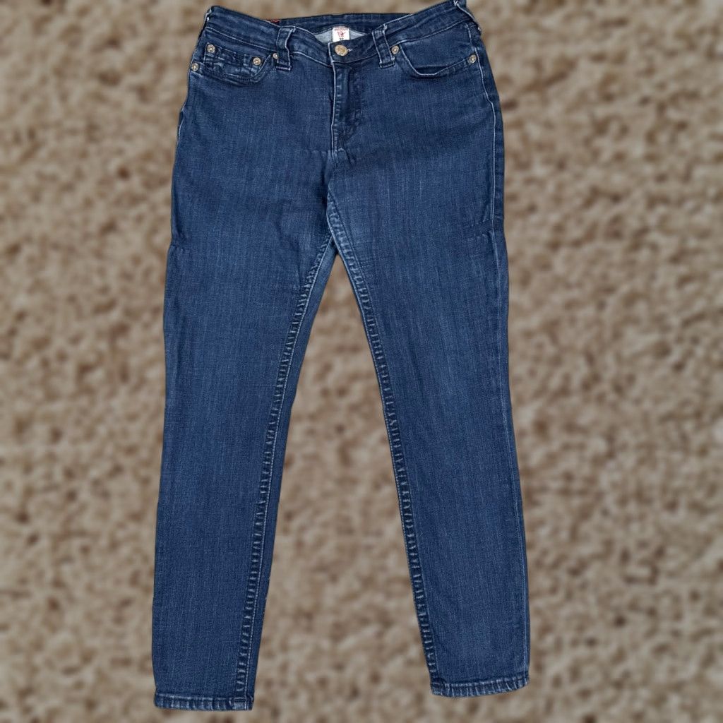 True Religion Jeans Women 32 Blue Denim Skinny Mid Rise Cotton Blend Bling 31x28