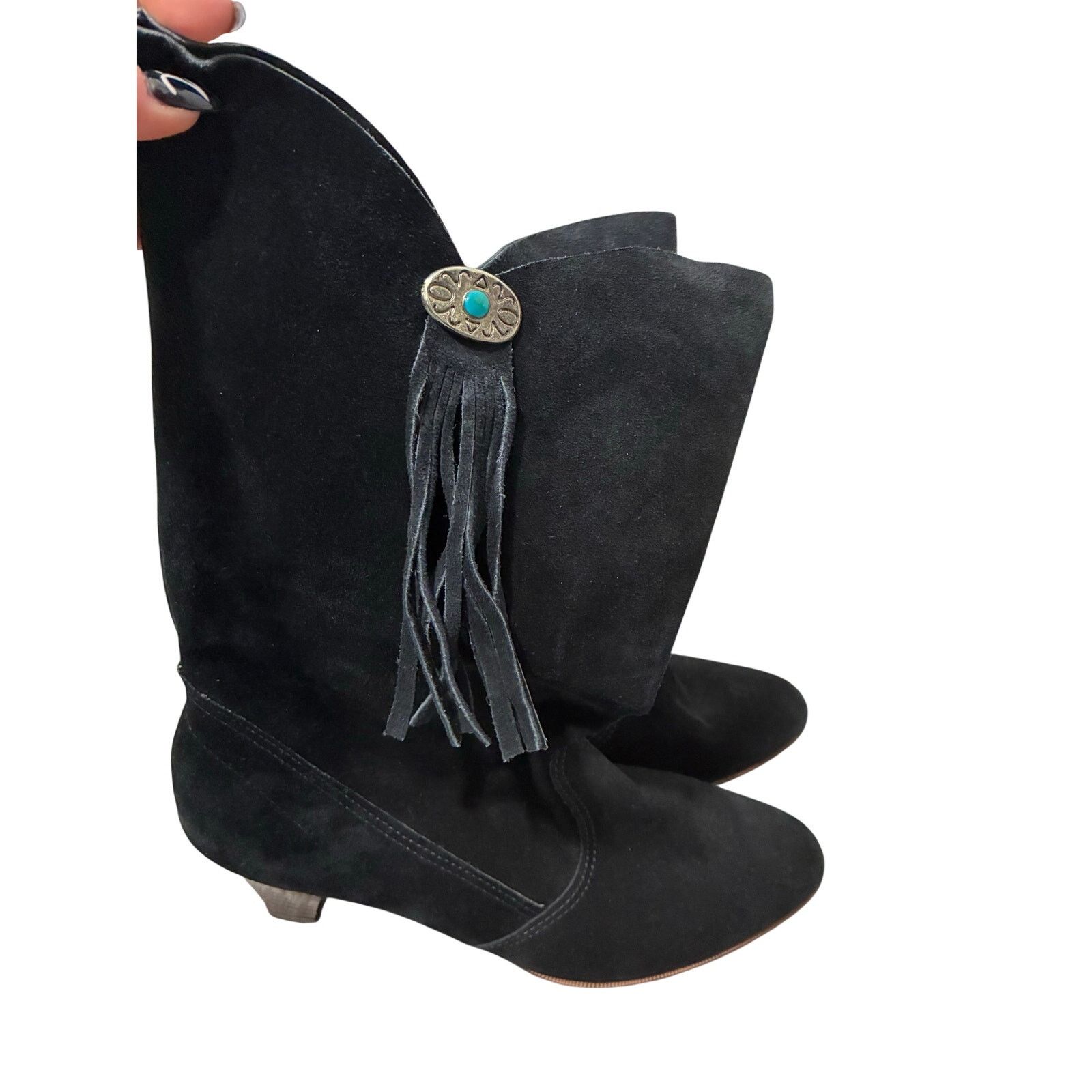 Other Pinwheels Western Black Suede BootsTurquoise Fringe Size 8.5 Size US 8.5 / IT 38.5 - 2 Thumbnail