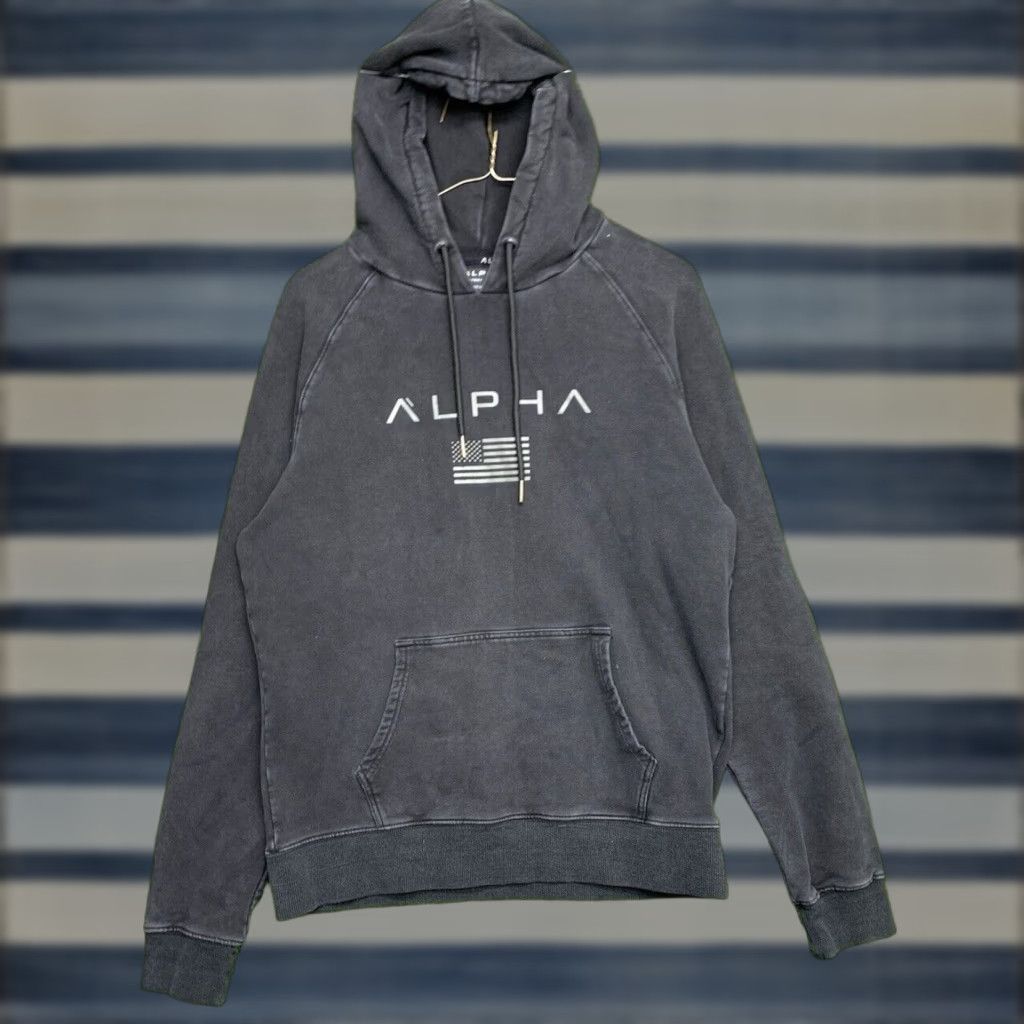 Vintage ALPHA Hooded Pullover Sweatshirt Hoodie Mens Medium Gray Center Logo Graphic Print Fleece Pocket Size US M / EU 48-50 / 2 - 1 Thumbnail
