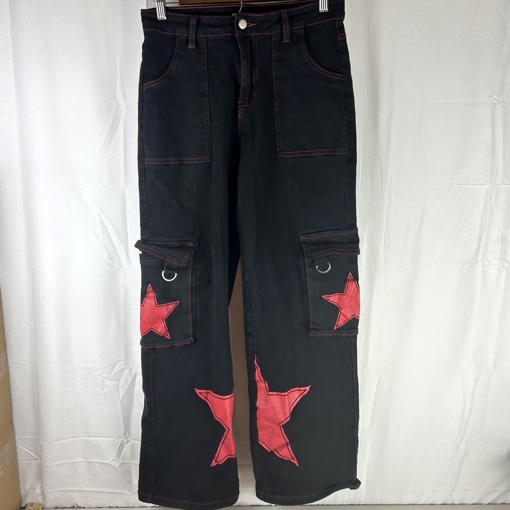 Hot Topic Hot Topic Jeans Womens Med 29x31 Black High Rise Wide Leg Cargo Star Punk Denim Size 32" / US 10 / IT 46 - 2 Thumbnail
