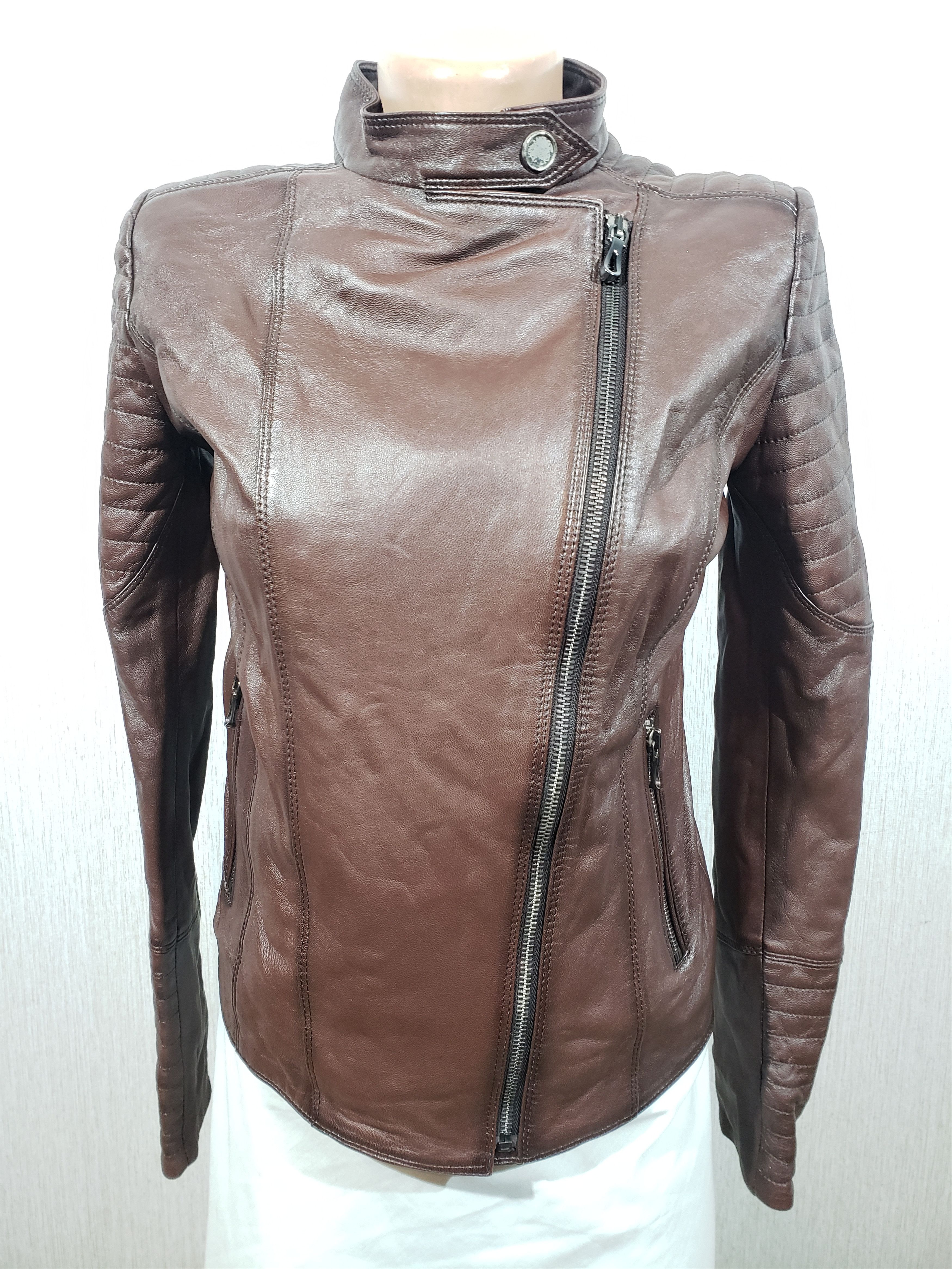 Designer Women's leather jacket made of genuine brown leather. Size S / US 4 / IT 40 - 1 Thumbnail