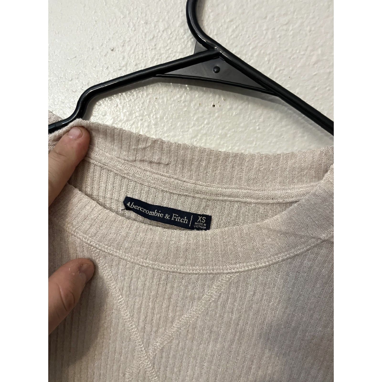 Abercrombie & Fitch Abercrombie & Fitch Women's Beige Ribbed Long Sleeve T-Shirt XS Slim Fit Basic Stretch Office Casual Size XS / US 0-2 / IT 36-38 - 2 Thumbnail