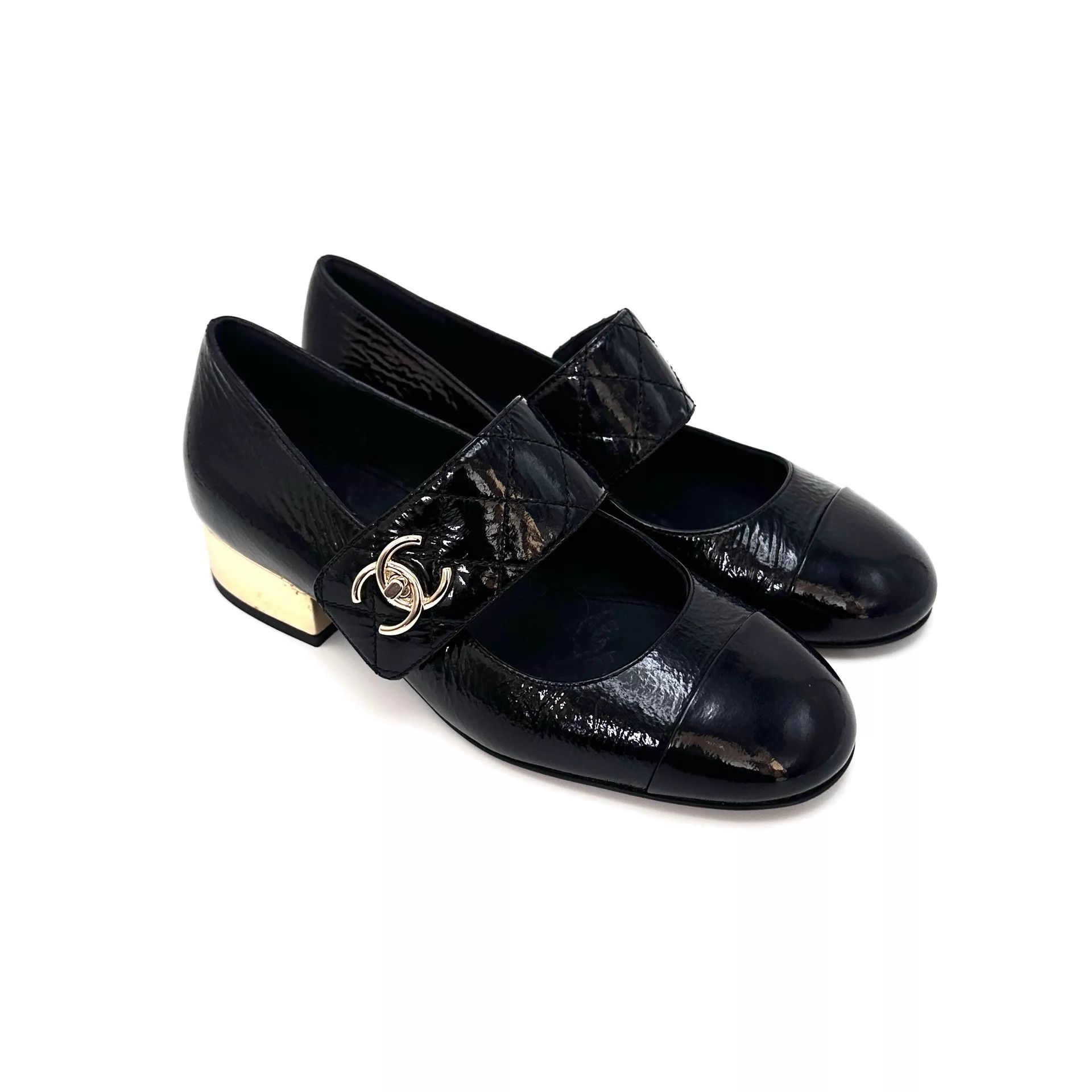 Chanel CHANEL Black & Gold Patent Block Heel Mary Jane 35 Size US 4.5 / IT 34.5 - 2 Thumbnail