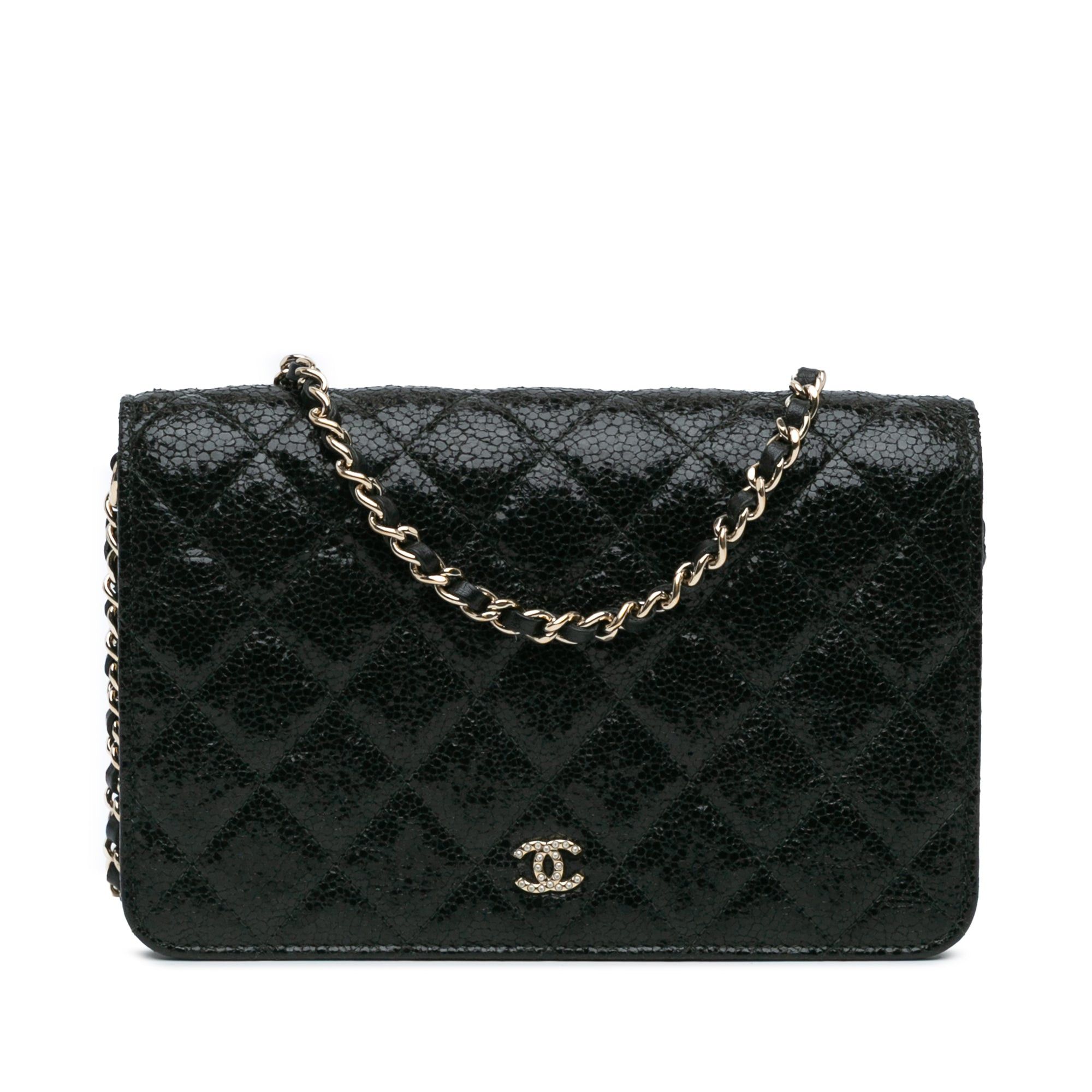 Chanel Chanel Quilted Crackled Patent Calfskin Pearl Wallet On Chain Black Size ONE SIZE - 1 Thumbnail