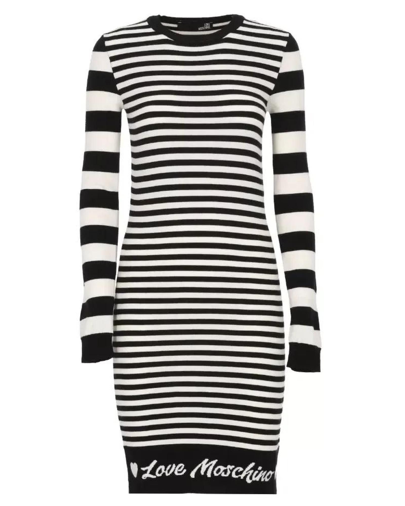 image of Moschino Striped Knit Dress With Logo Detail in Black, Women's (Size Small)