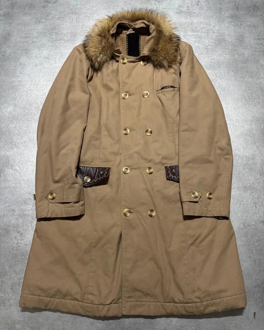 2000s Roberto Cavalli Fur Collar Beige Long Jacket