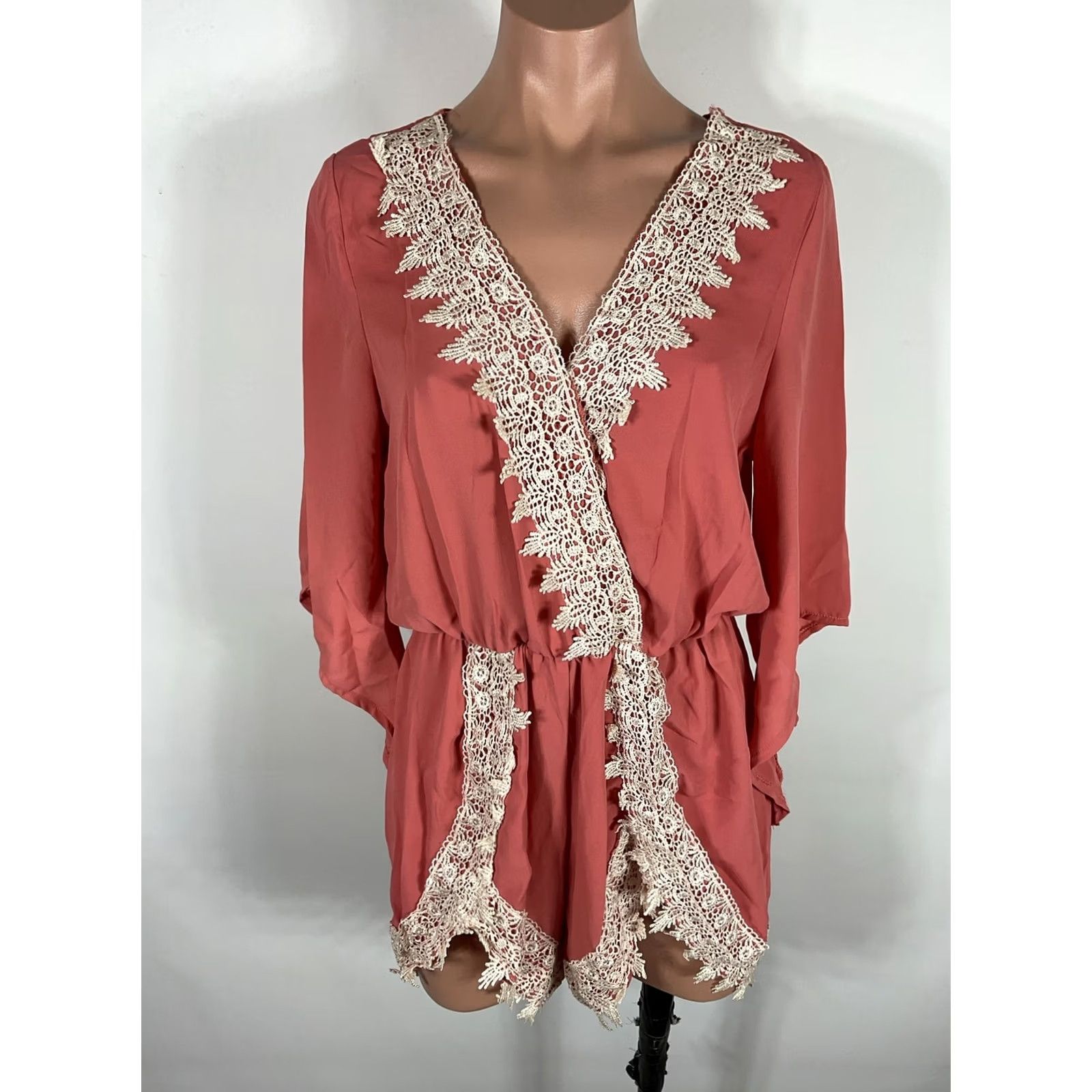 Vintage Poetry Coral Pink boho romper Jumpsuit Deep V lace detail Women's S Festival Size 28" / US 6 / IT 42 - 3 Thumbnail