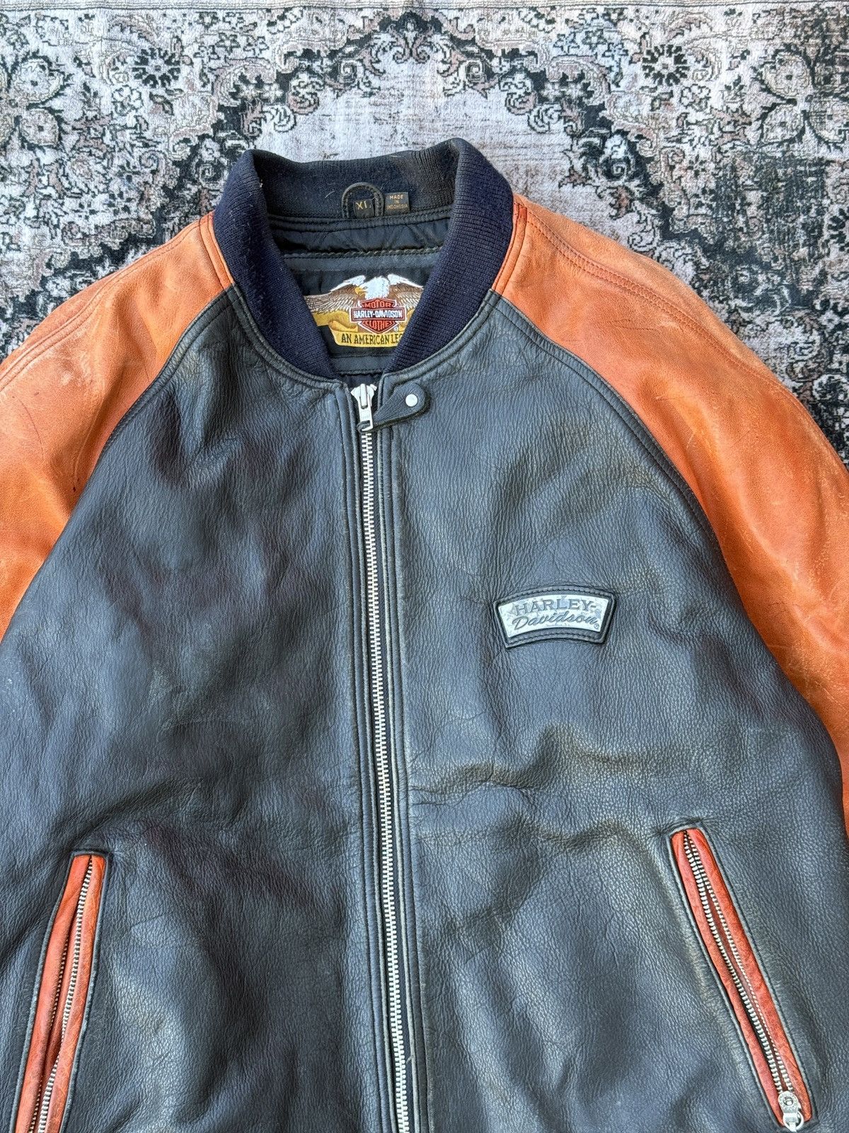 Harley Davidson × Vintage VTG Harley Davidson Black and Orange Leather Jacket(Size XL) Size US XL / EU 56 / 4 - 4 Thumbnail