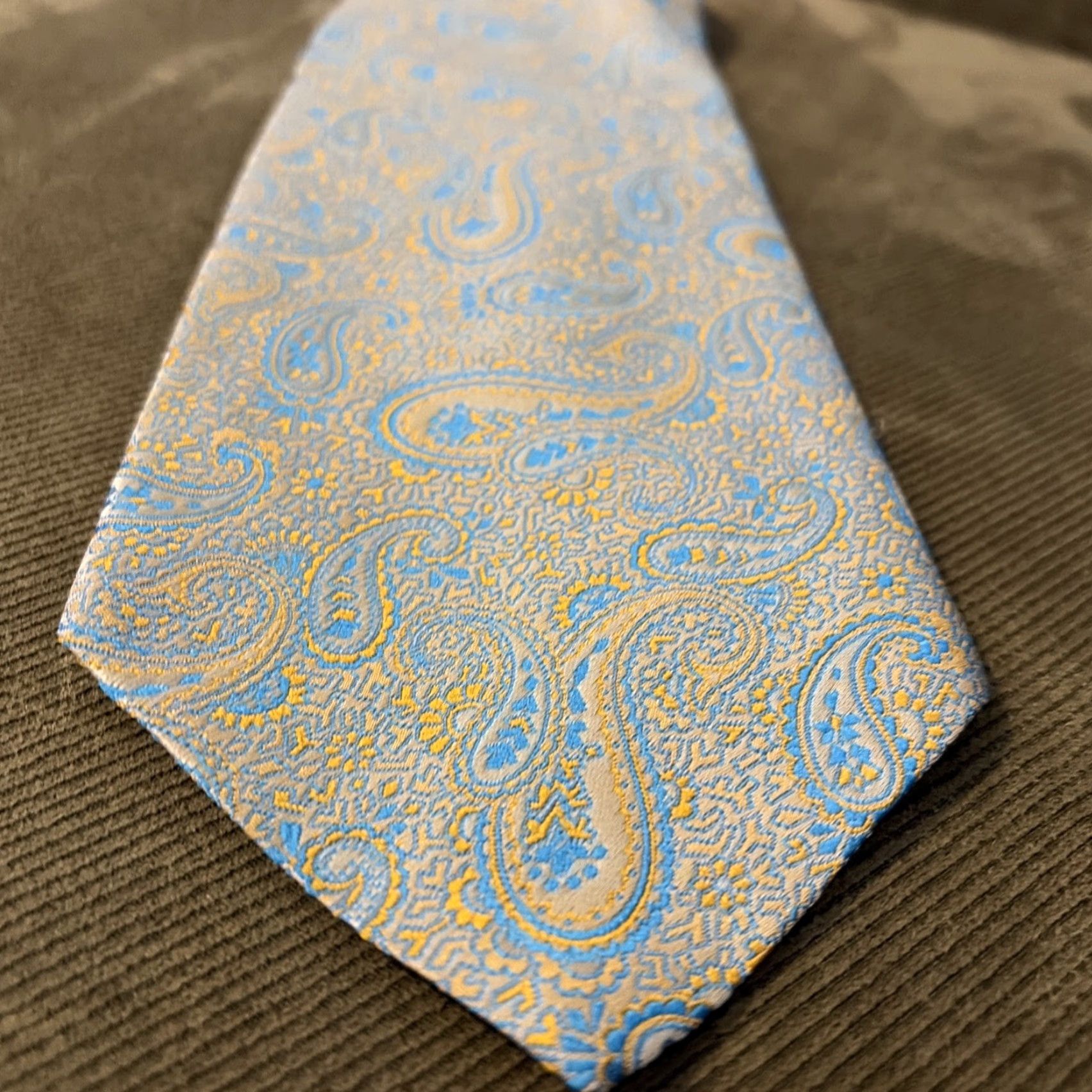 Vintage Mr John beau Brummell Mens Silk Jacquard Paisley Floral Tie Yellow Blue Size ONE SIZE - 4 Thumbnail