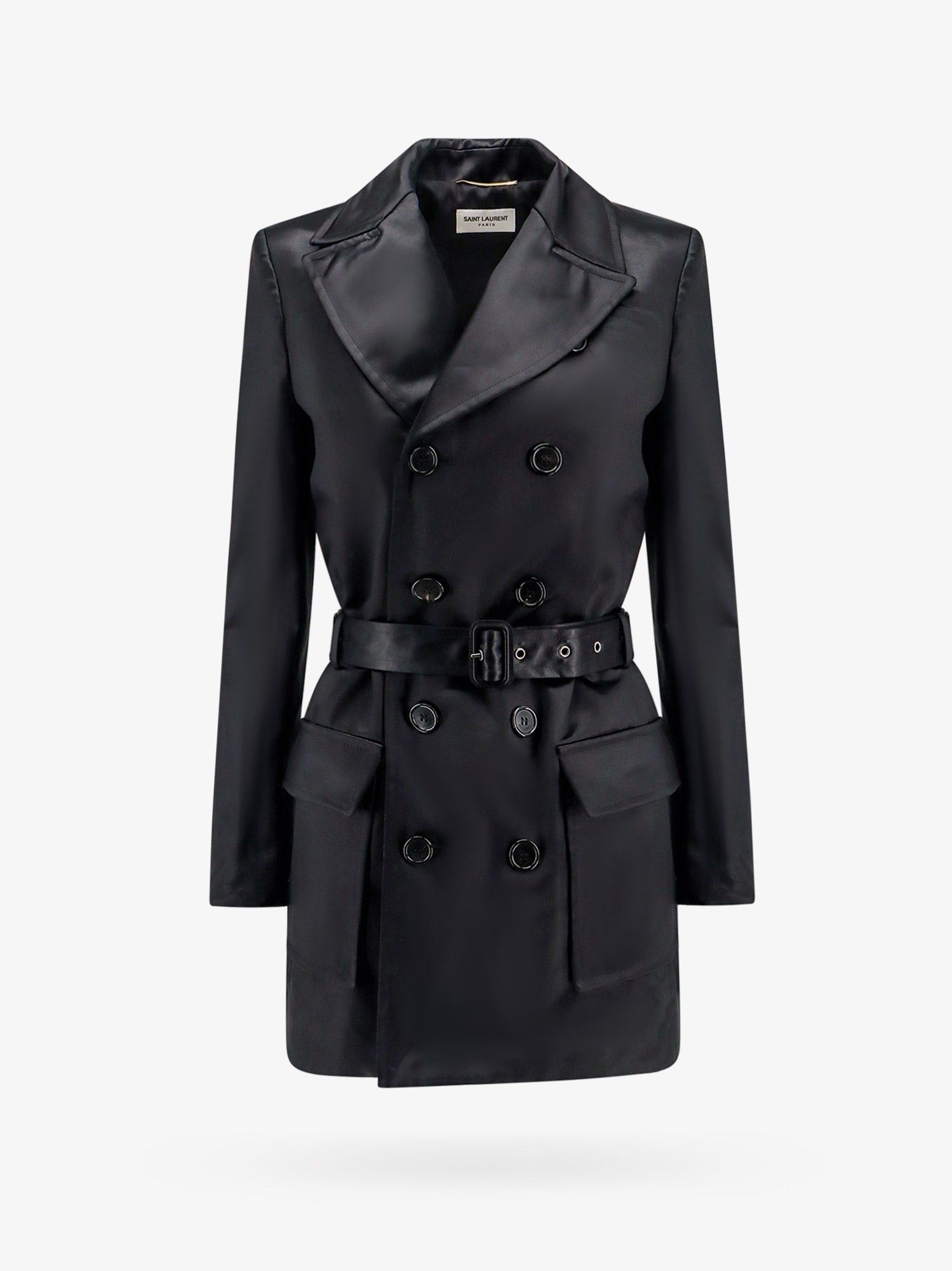 image of Saint Laurent Paris Saharienne Woman Black Trench Coats, Women's (Size Medium)
